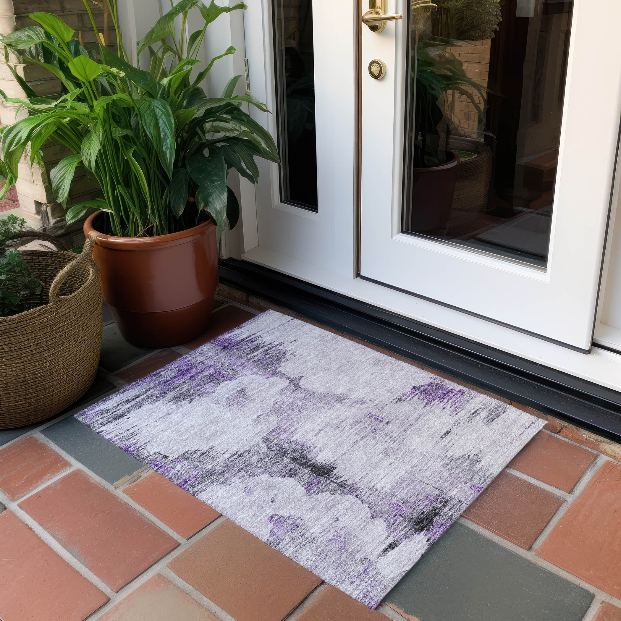 Purple and Gray Synthetic Flat Woven Rectangular Rug