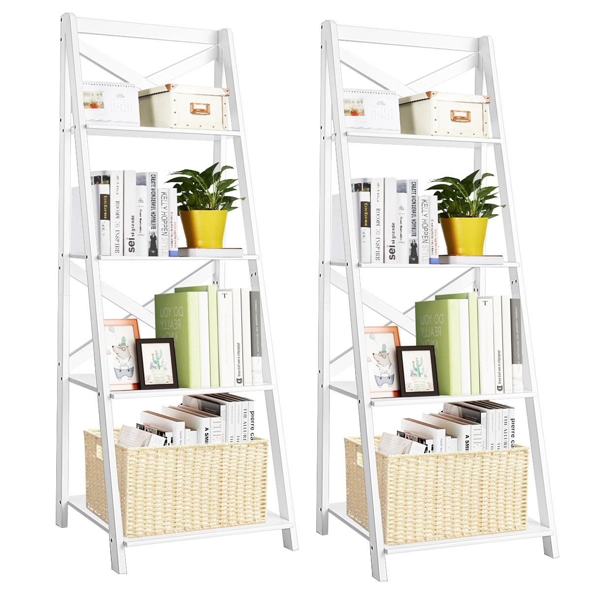 Costway 2HW53870WH White Particleboard 4 -Shelf Ladder Bookcase ( 18-in W x 56-in H x 18-in D ) Finished