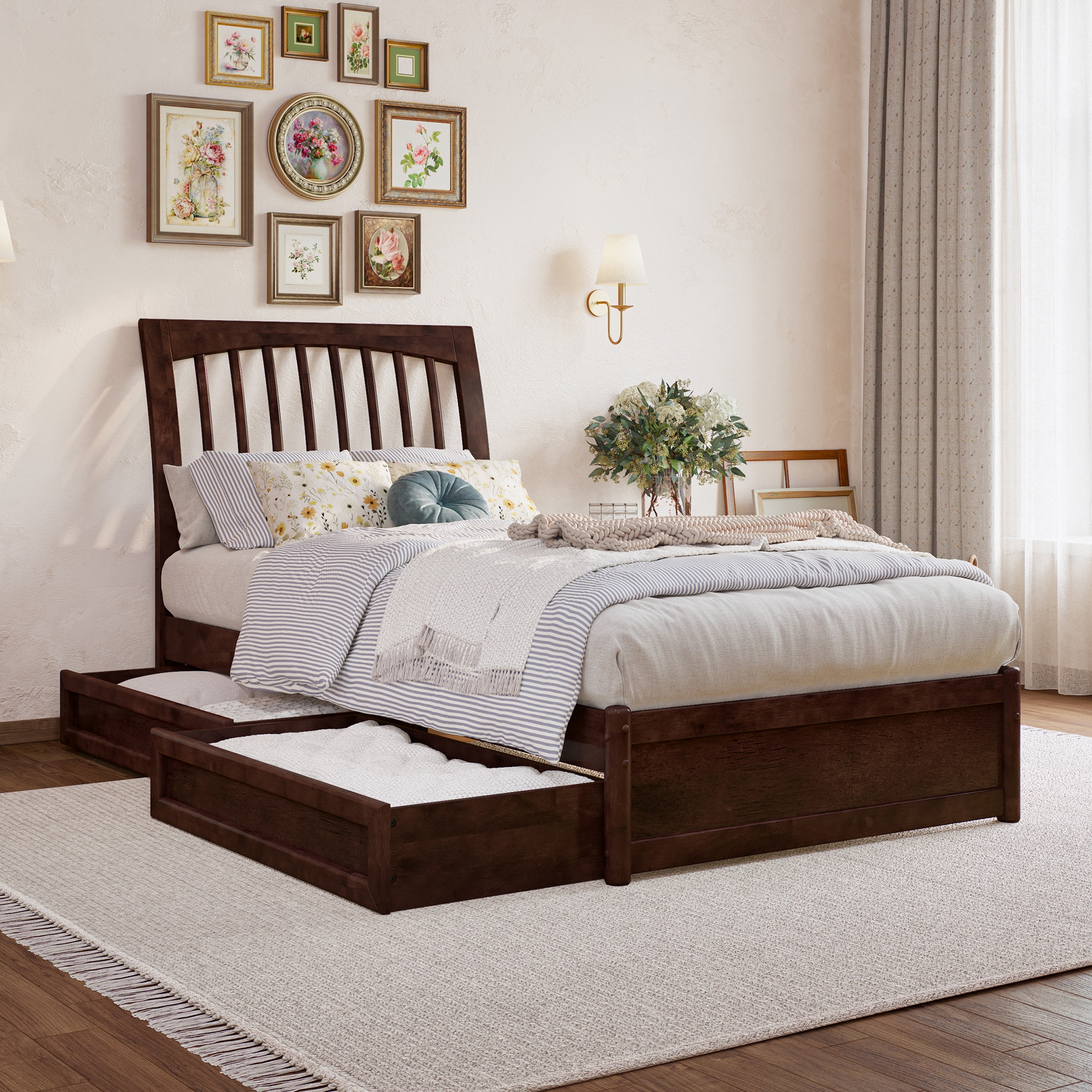 AFI AR9287114 Twin extra long Walnut Wood Platform Bed Storage with Headboard