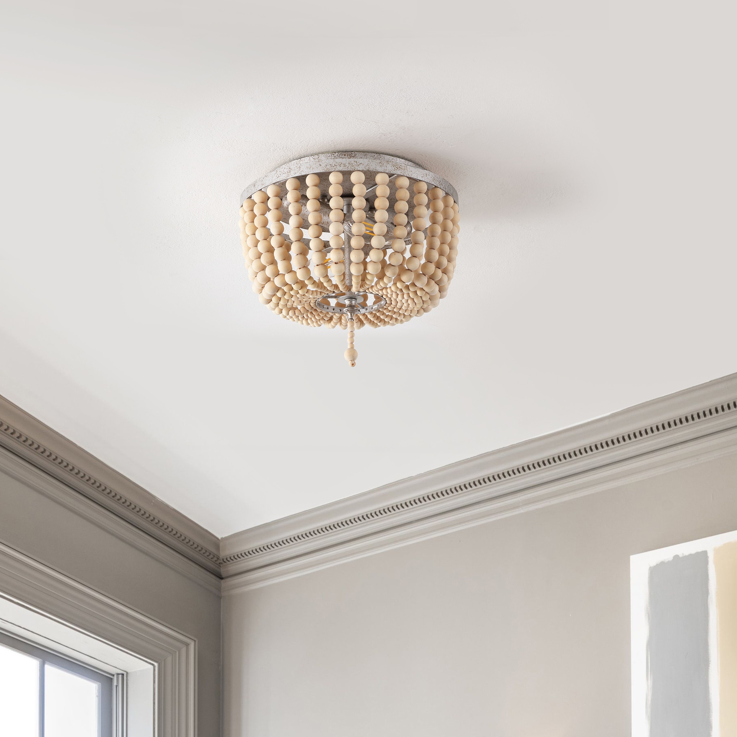 Antique Silver and Cream Wood Beaded Farmhouse Flush Mount Light