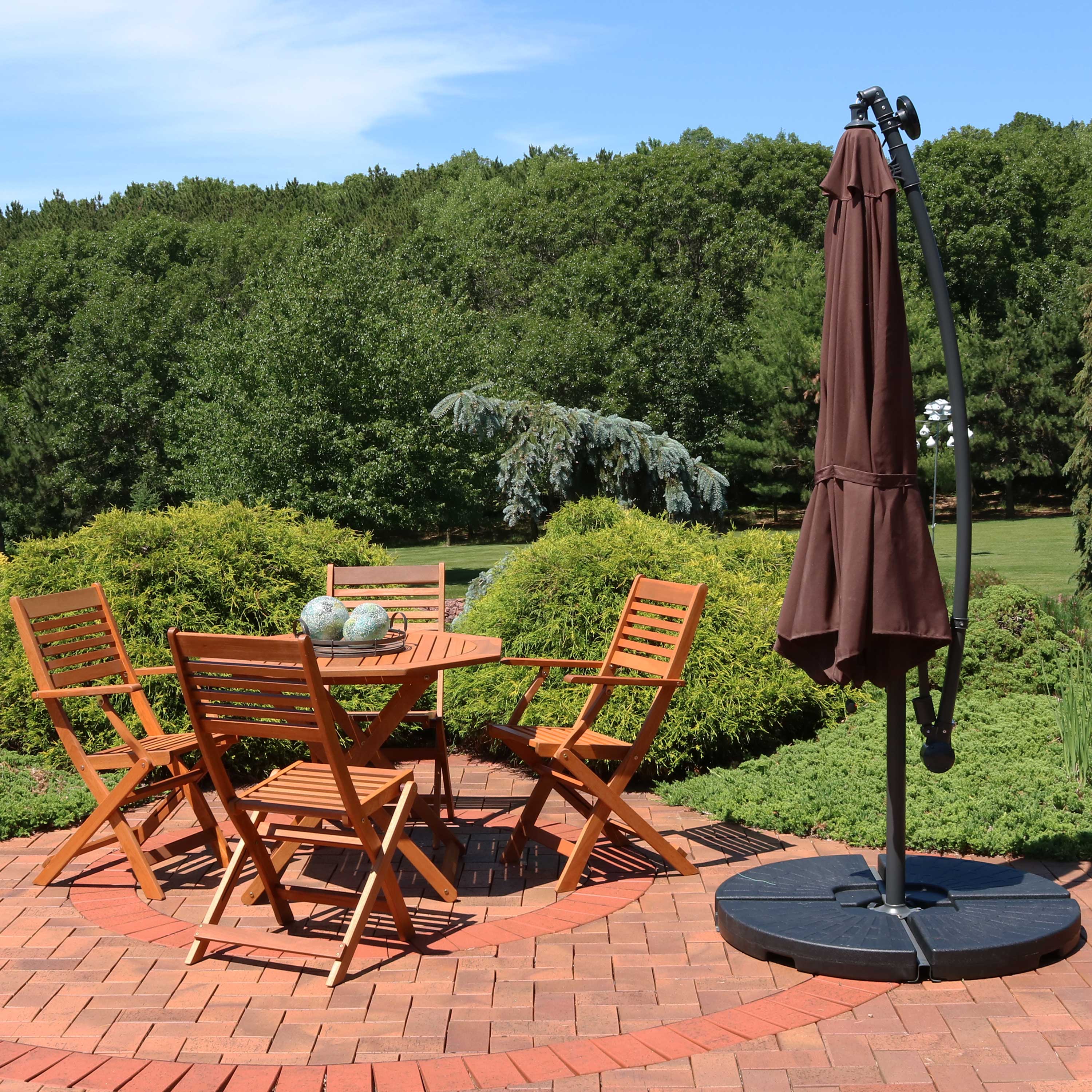 Brown Steel Cantilever Patio Umbrella with LED Lights, 9.5 ft