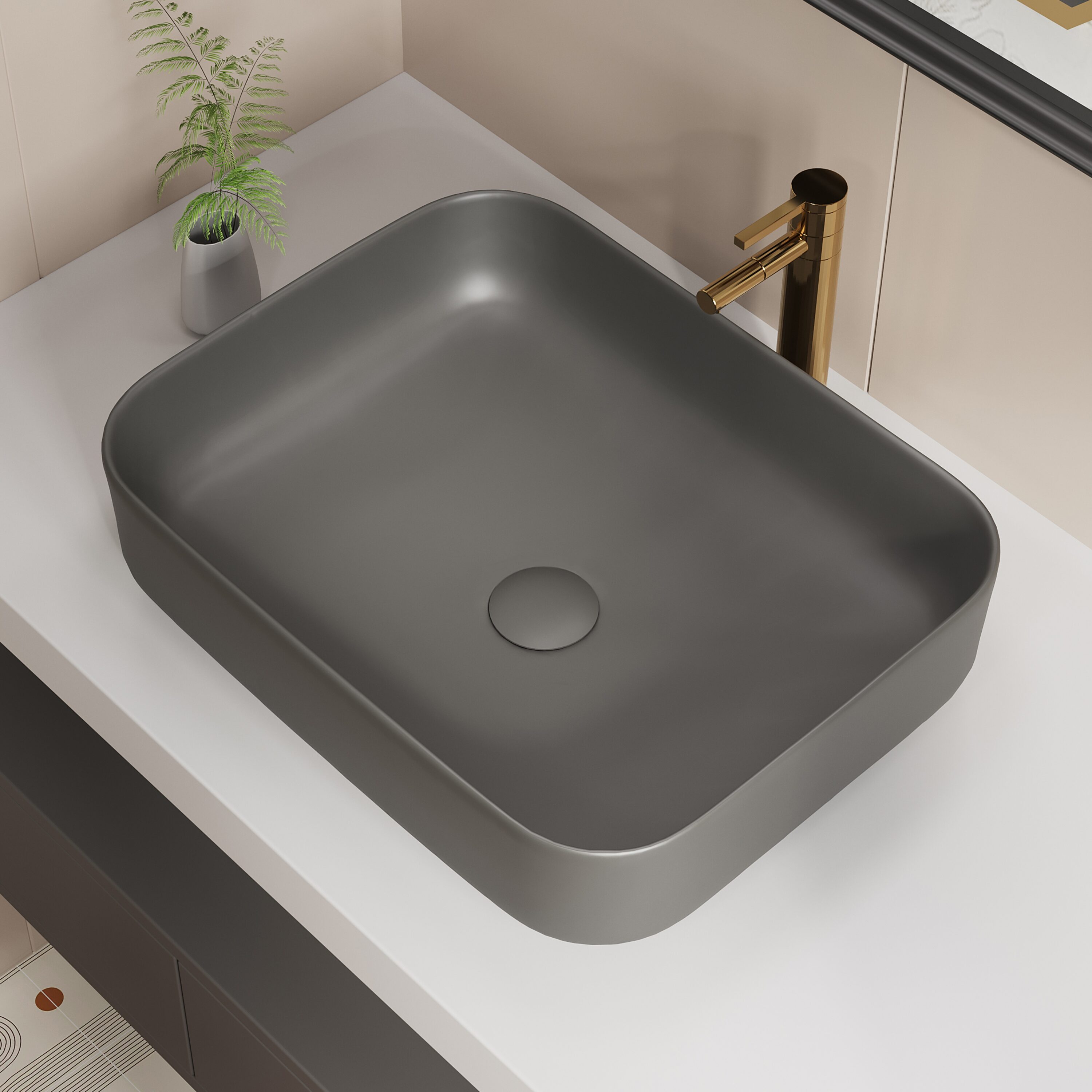 ELLAI ML-42203 Vitreous China 15.2-in Vessel Rectangular Modern Dark Gray Bathroom Sink