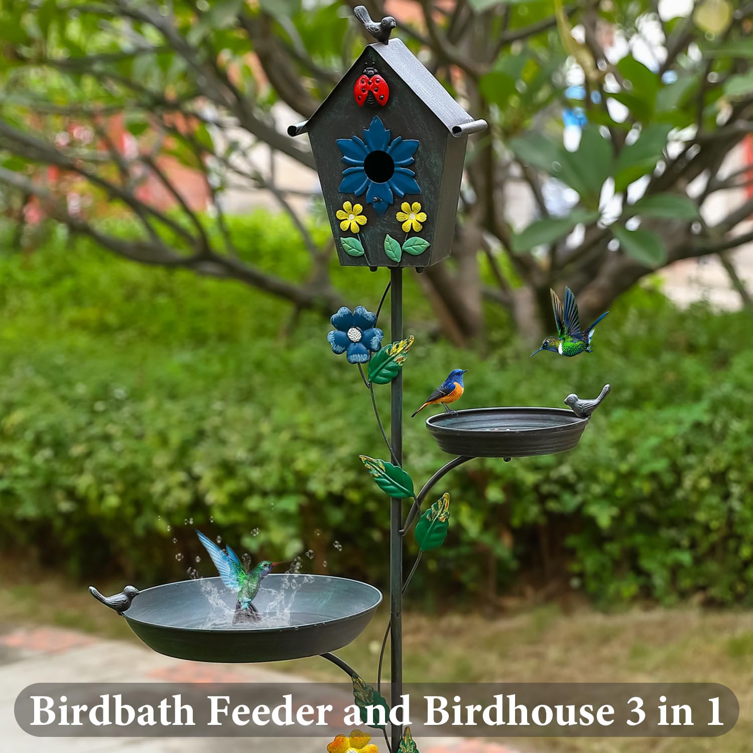 DYRCJ Metal Bird Bath Feeder and Bird House on Pole Sixty Nine Point