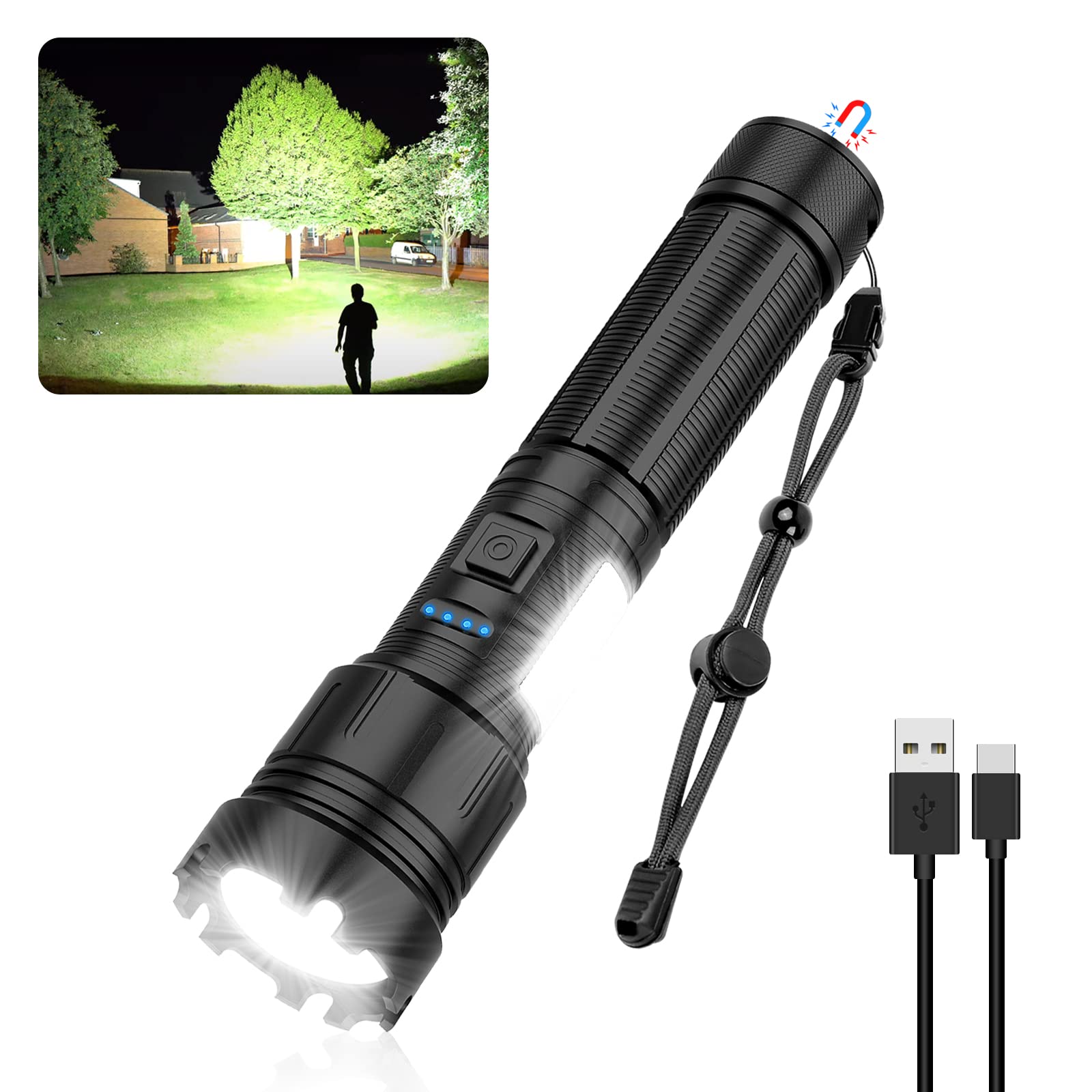 Ahfiwaso  Magnetic renewable power Flashlight High Lumens Super Bright LED Flash Light with COB Work Light USB C 7 Modes Zoomable IPX6 Waterproof