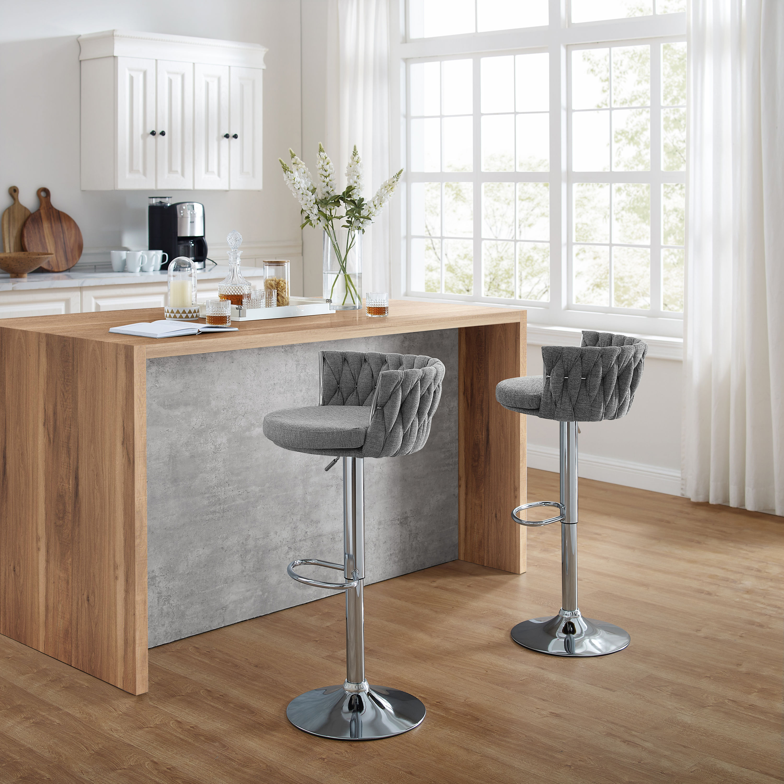 Art Leon BS015-LIGHTGRAY Set of 2 Gray 23.81-in H Adjustable height Upholstered Swivel Metal Bar Stool with Arms