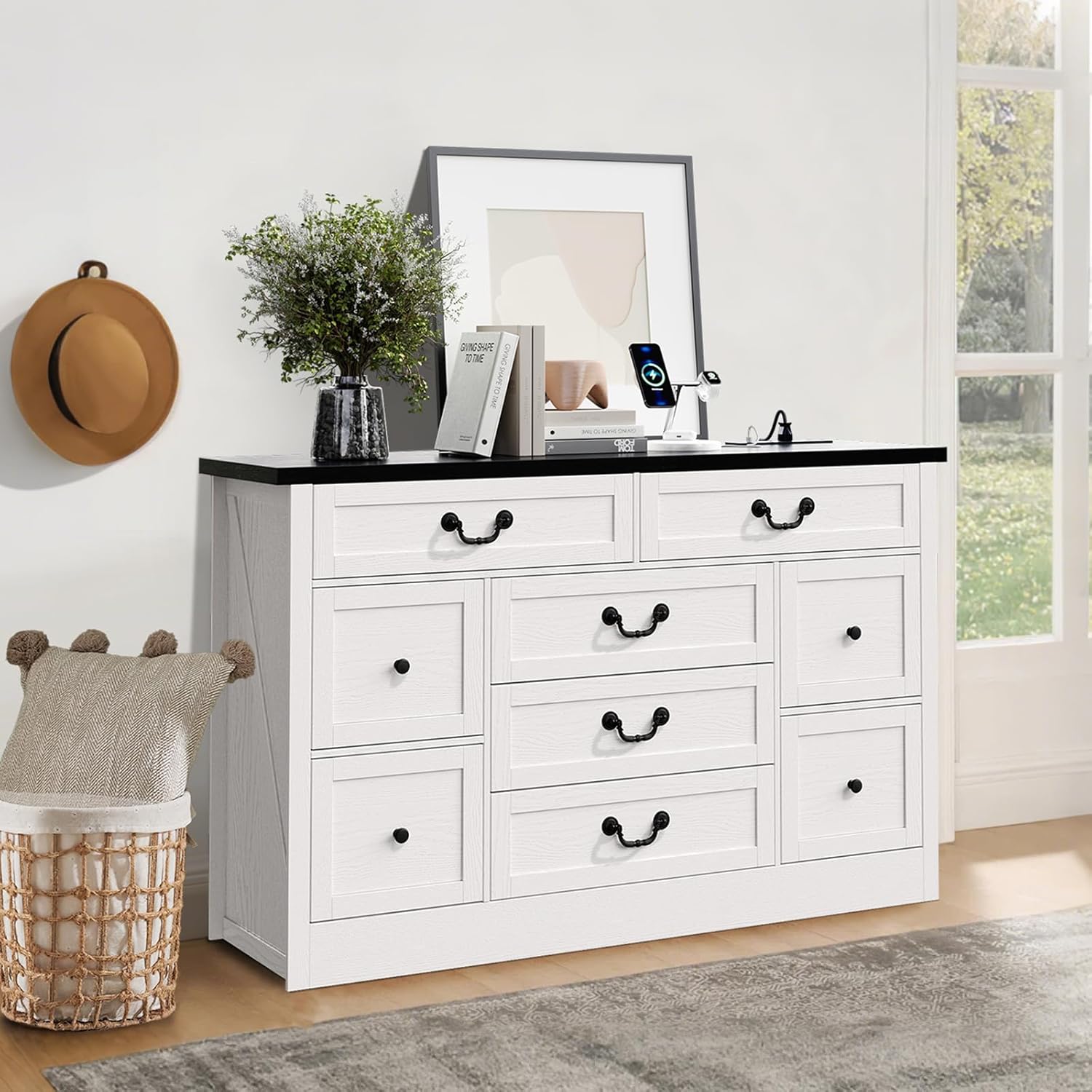 Qeetex D23PHO34QYY8S7 Farmhouse 9 Drawer Engineered Wood Dresser with Built In Charging Station and Anti Tip Device Black
