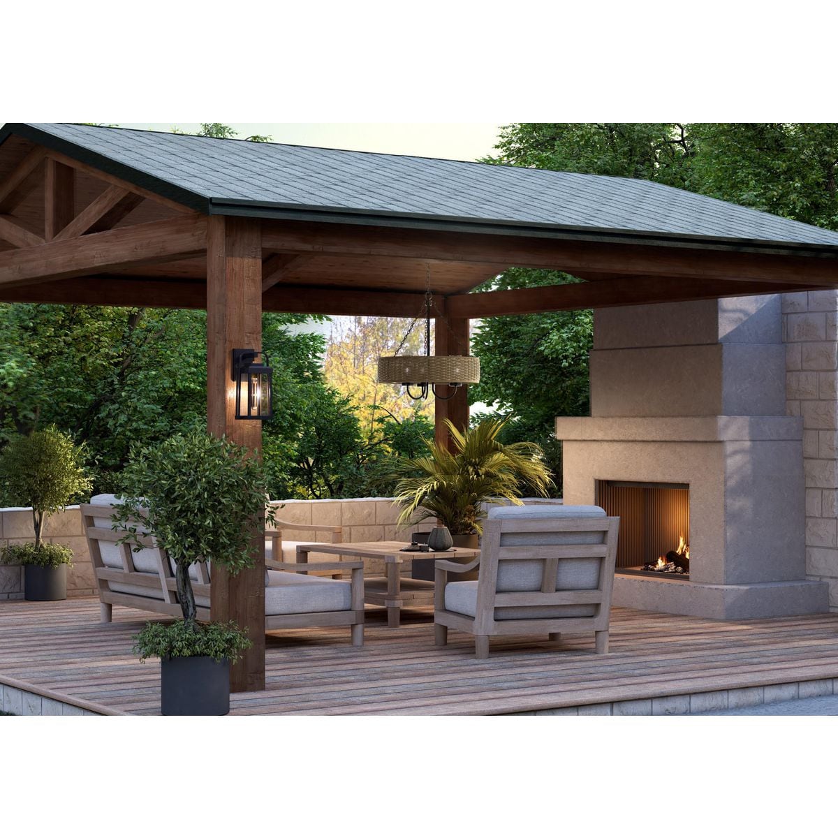 Pembroke Matte Black Outdoor Chandelier with Mocha Rattan and Seeded Glass