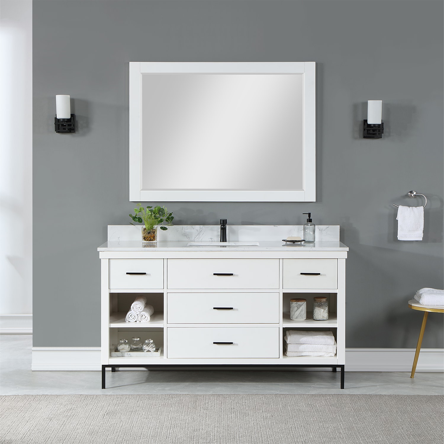 Altair 545060S-WH-AW Kesia 60-in White Undermount Single sink Bathroom Vanity with Aosta White Engineered marble Top (Mirror Included)