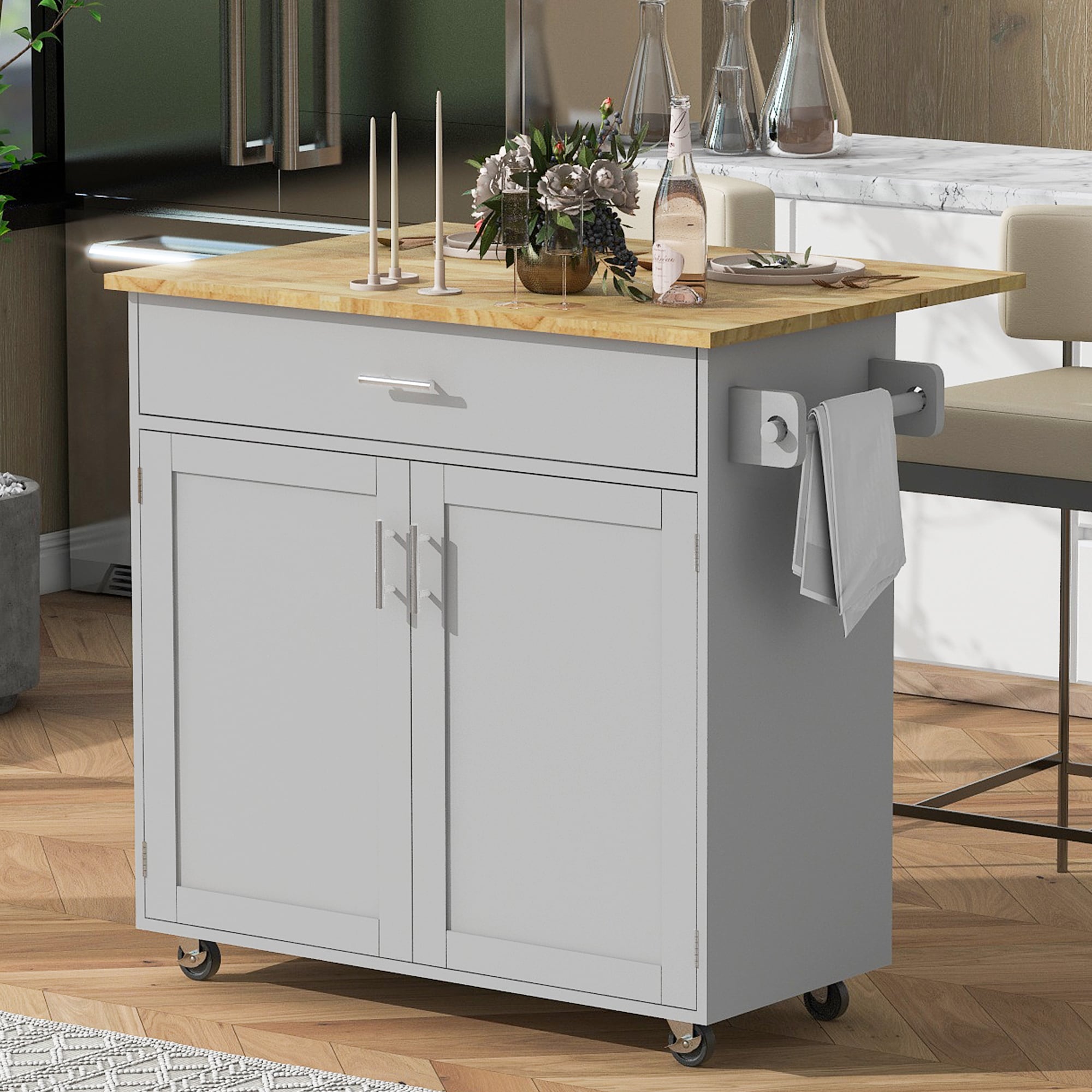 Xspracer ML-KI01AAG Gray MDF Base with Wood Wood Top Rolling Kitchen Island ( 26-in x 39-in x 34-in )