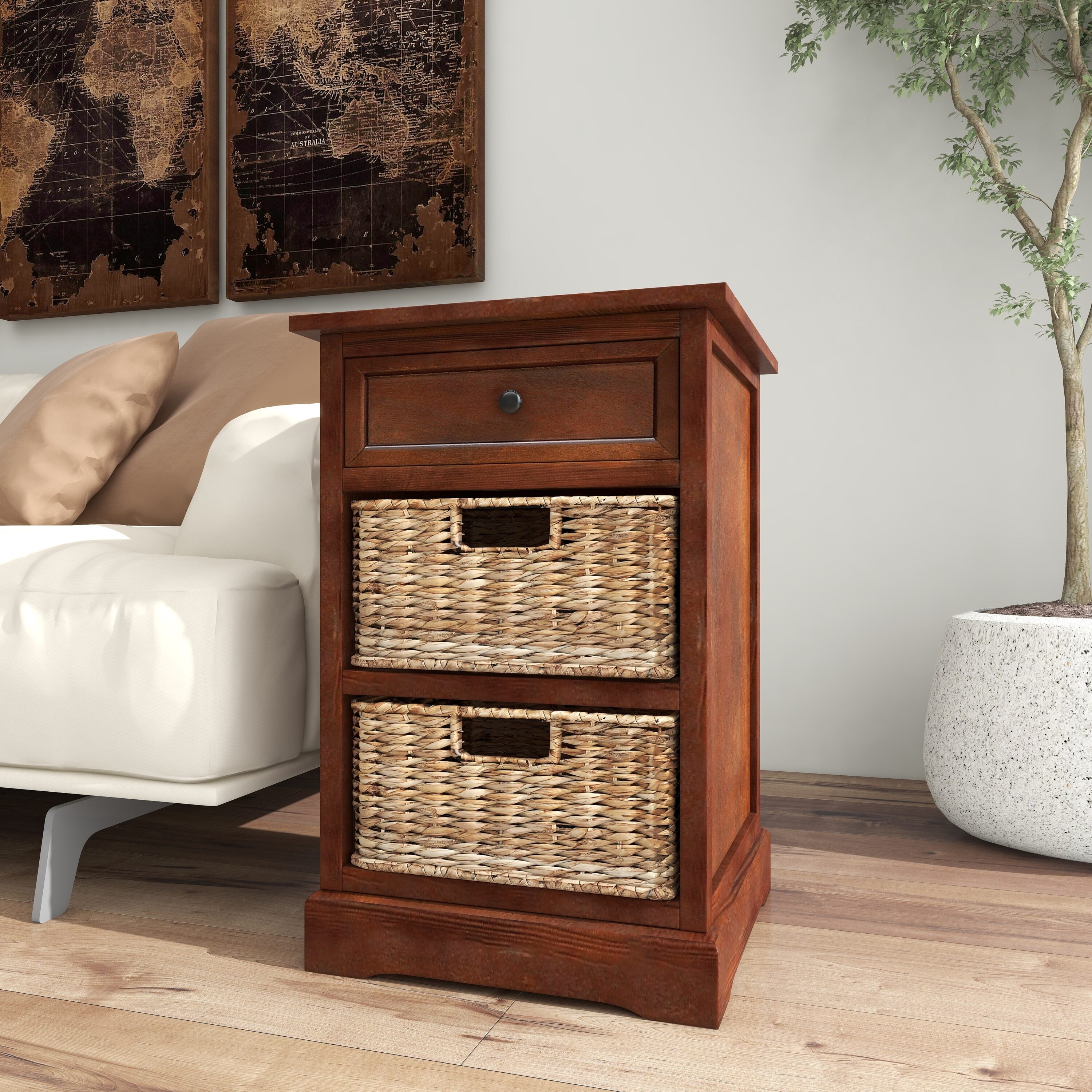 Elegant Brown Wooden Side Chest with Wicker Drawers - 33" x 20.5"