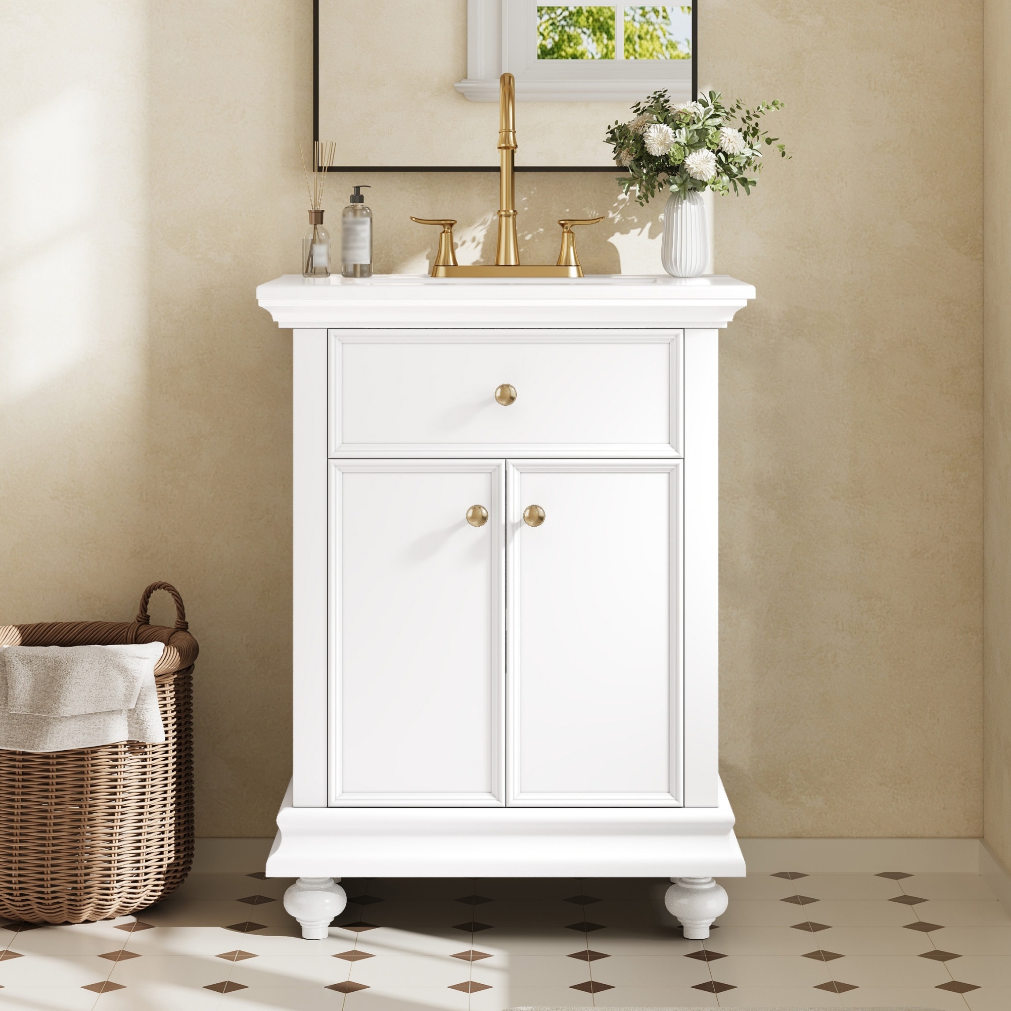 GDFStudio Bellefleur 24 in. Bathroom Vanity with Ceramic Sink Soft-Close Hinges and Tip-Out Drawer Storage Ball-Turned Legs with French Elegance - White