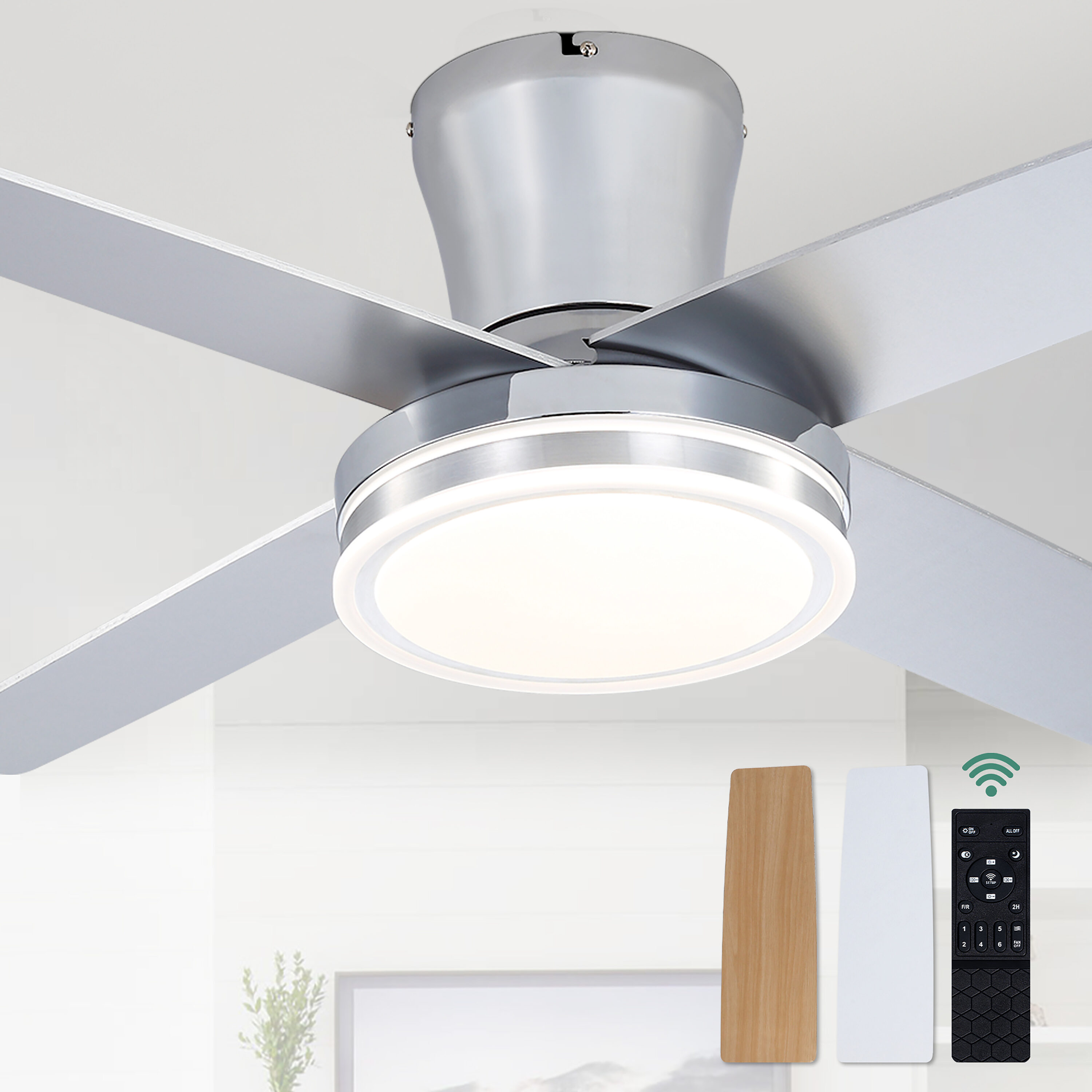 Cusp Barn CS44P01C 44-in Integrated LED Silver with Wood Blades Chandelier Ceiling Fan With Light - Remote Included ( 4 -Blade )