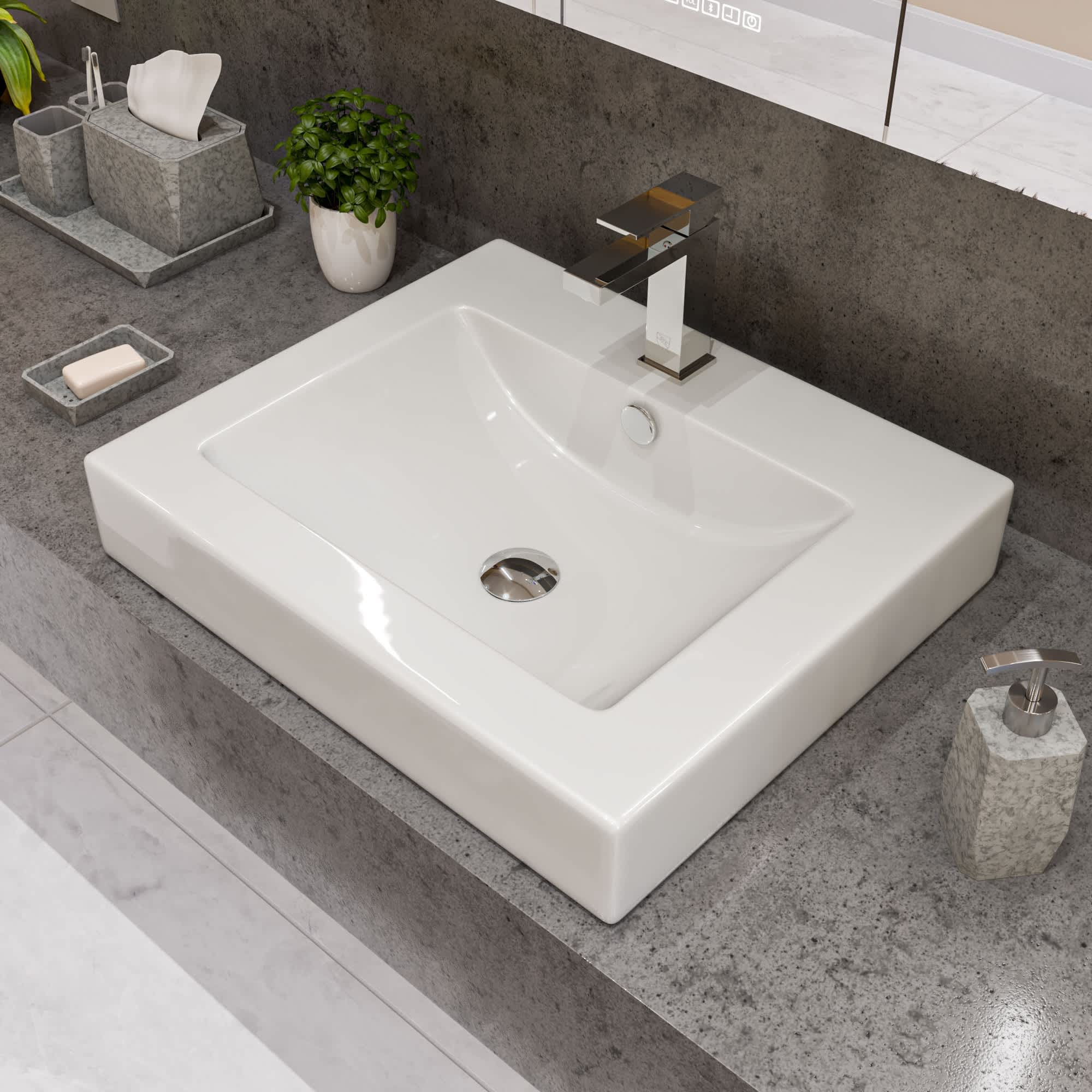 ALFI ABC701 ABC701 White 24-in Rectangular Semi Recessed Ceramic Sink with Faucet Hole