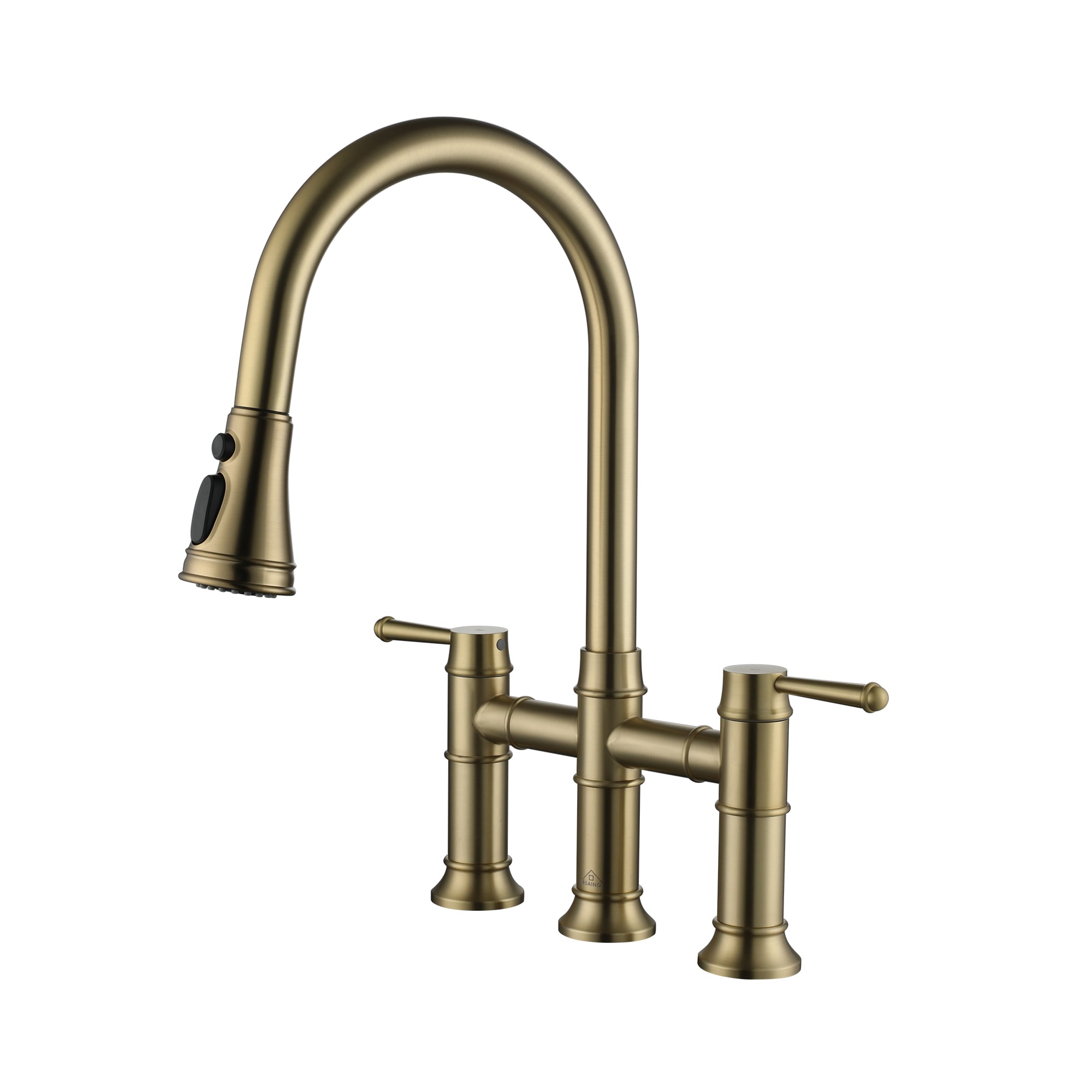 Mondawe MD-D95-BN Brushed Gold Double Handle Deck-mount Bridge Kitchen Faucet with Sprayer