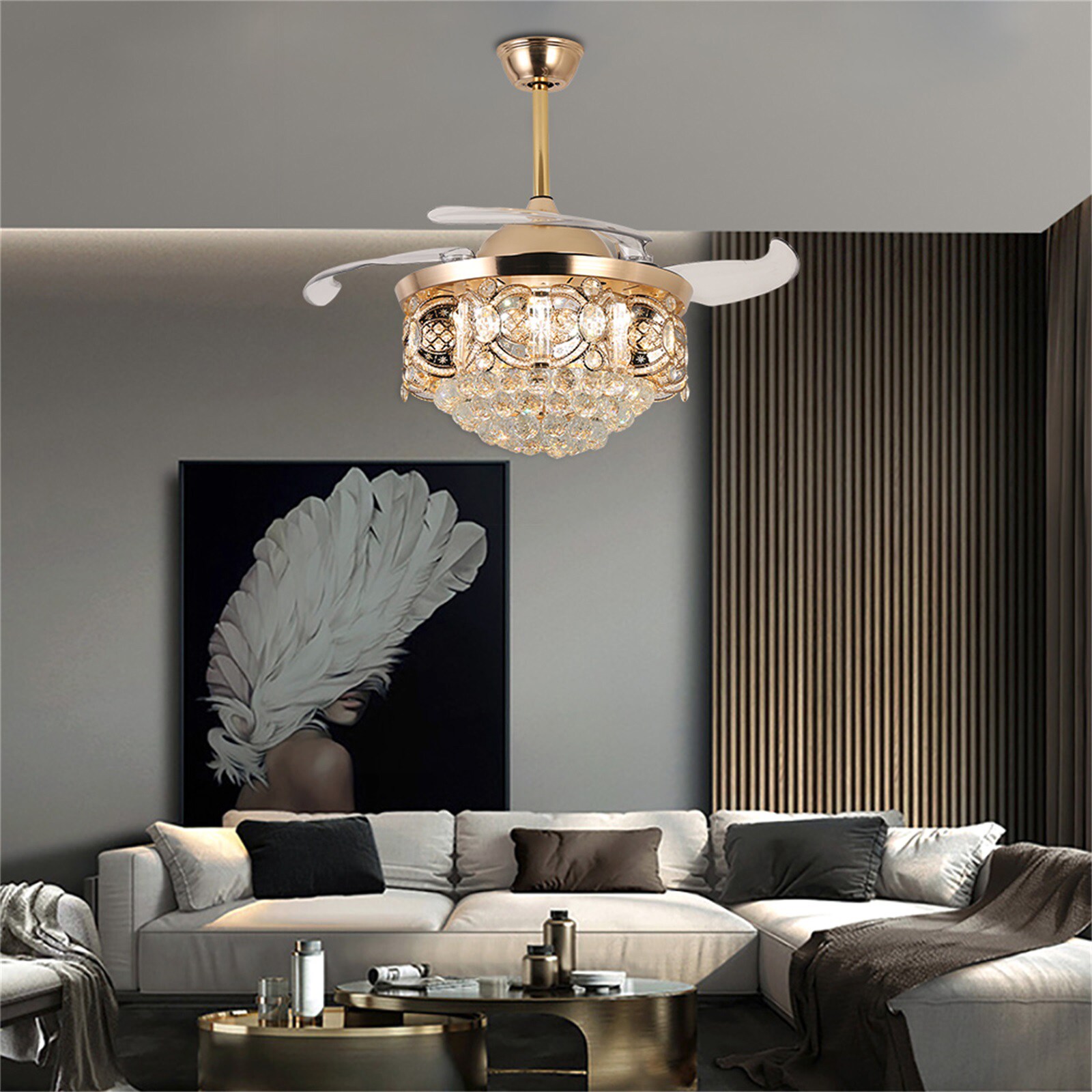 Gold Crystal 42'' Retractable Blade Ceiling Fan with Remote