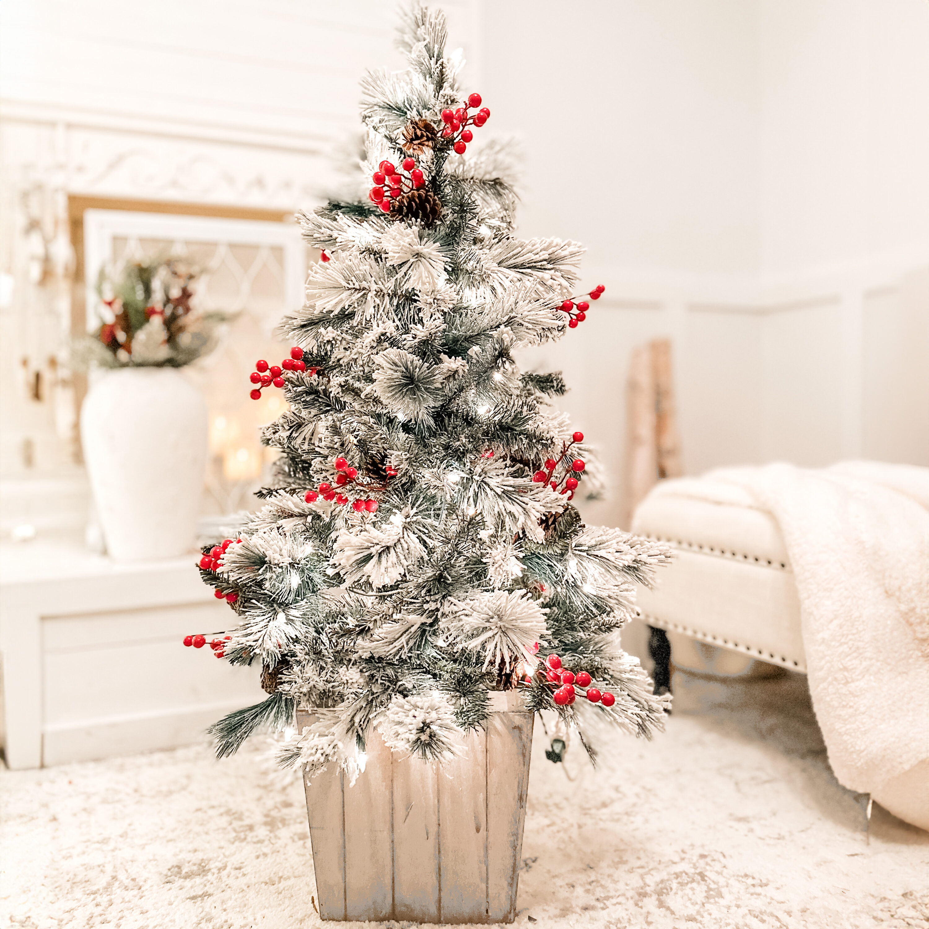4ft Pre-Lit Frosted Ashcroft Fir Potted Christmas Tree with Red Berries
