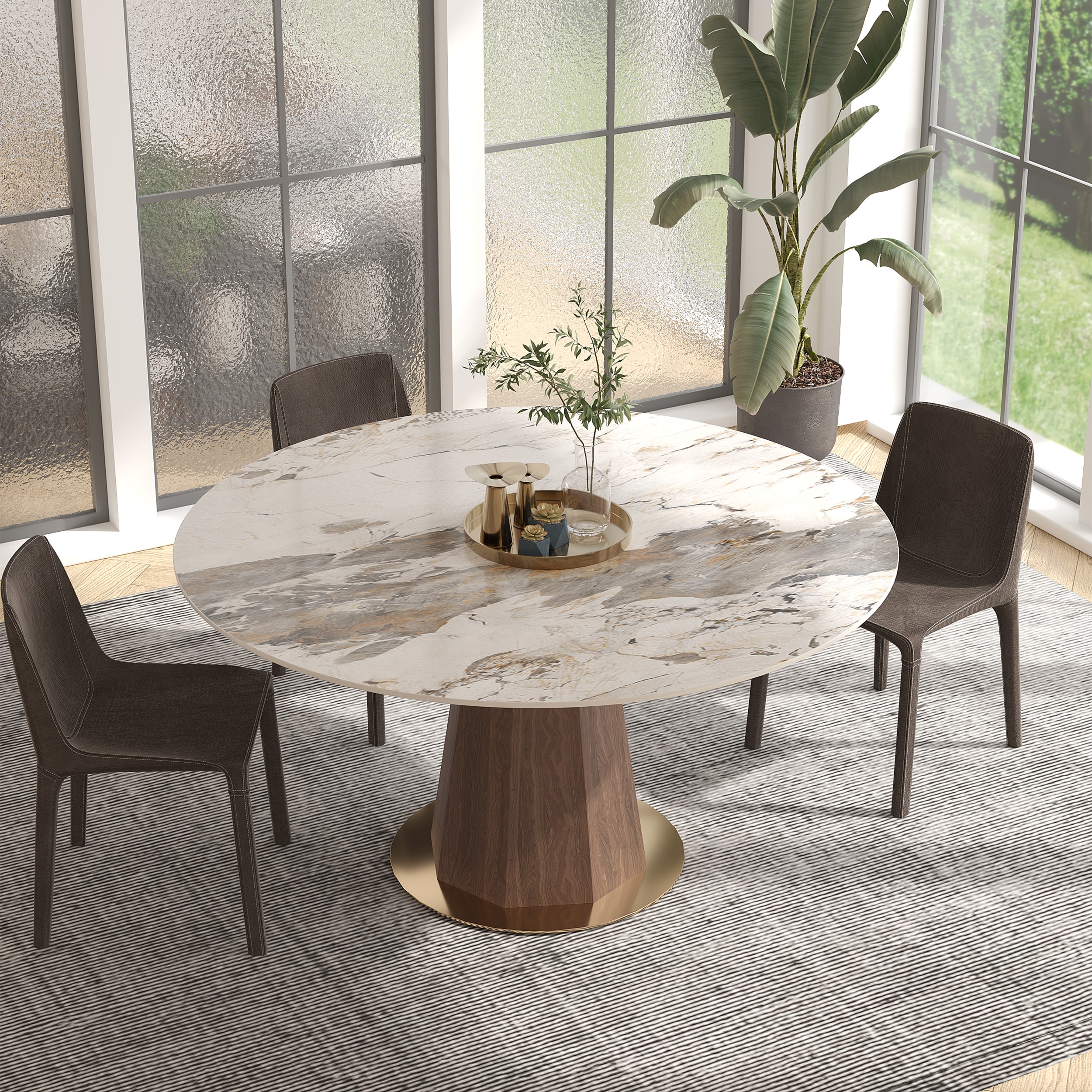  ZP7-G82-135 Pandora Round Contemporary/Modern Dining Table, Marble with Walnut Metal Pedestal Base 53.15-in L x 29.53-in H