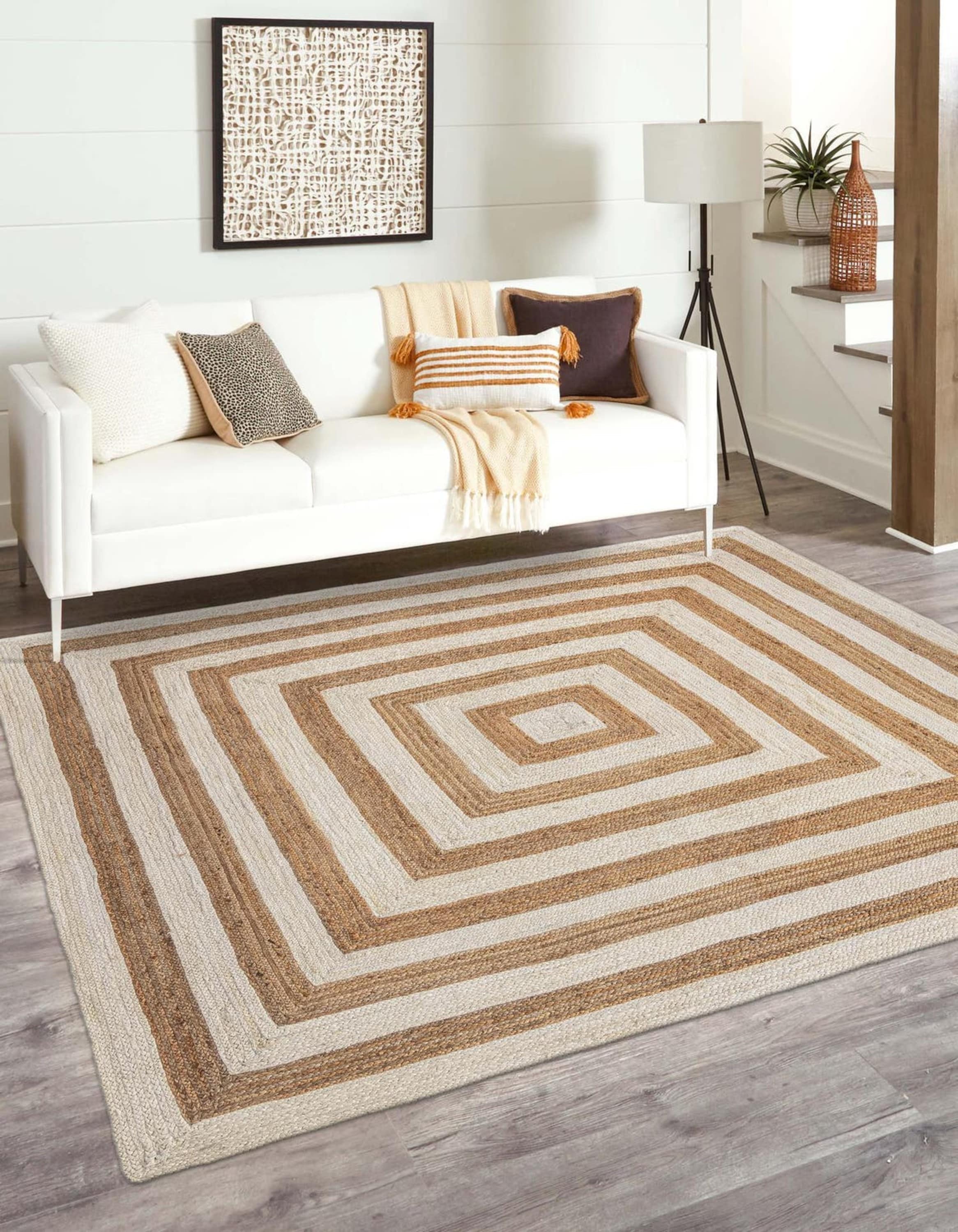 Unique Loom 3183186 Braided Jute 10 x 10 (ft) Braided Jute White Natural Square Indoor Geometric Area rug