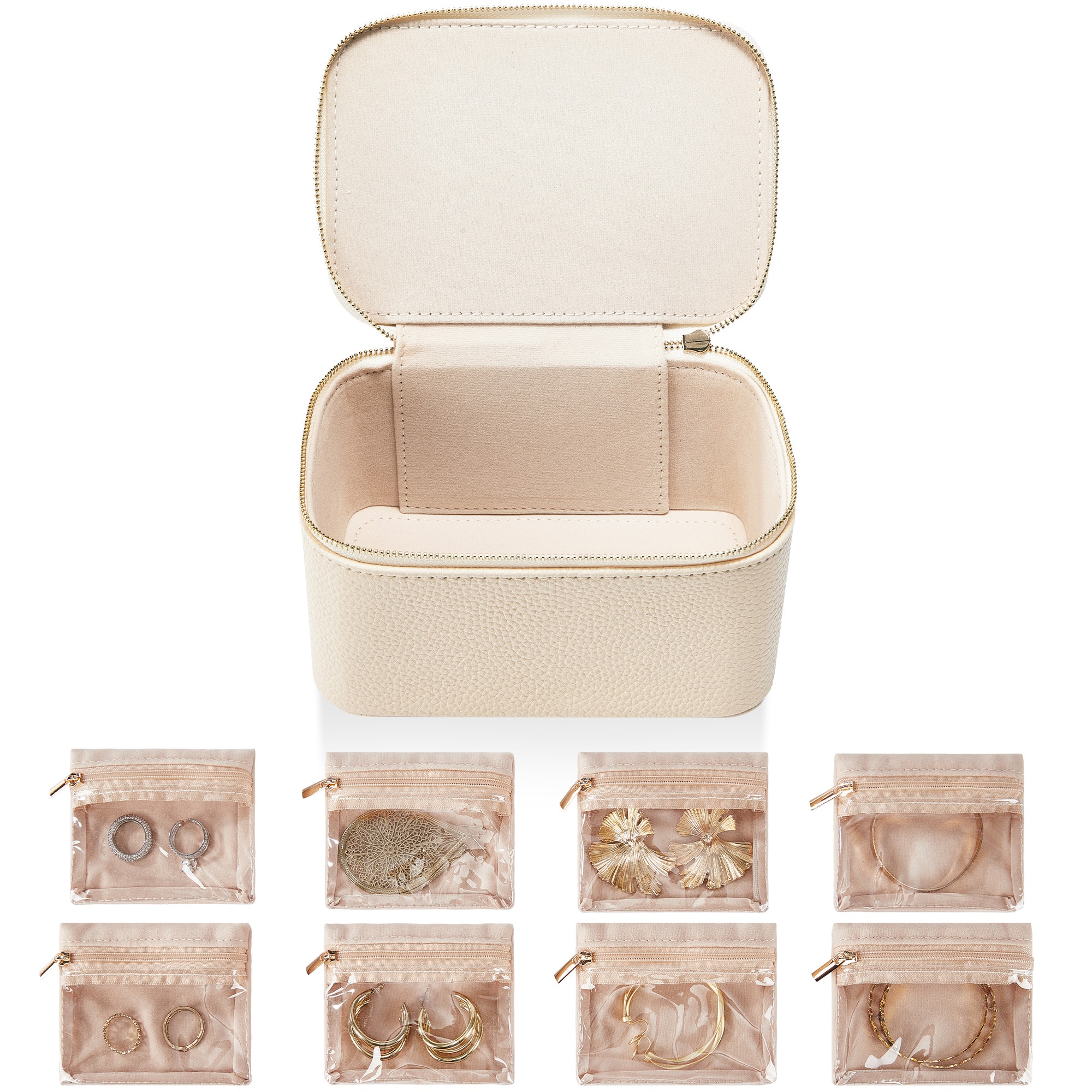 Garvee PU Leather Jewelry Travel Case 6.5x4.5x3.5in Portable Jewelry Organizer Jewelry Storage Box with 8 Clear Velvet Bags for Rings Earrings Necklaces Bracelets Women Gift White