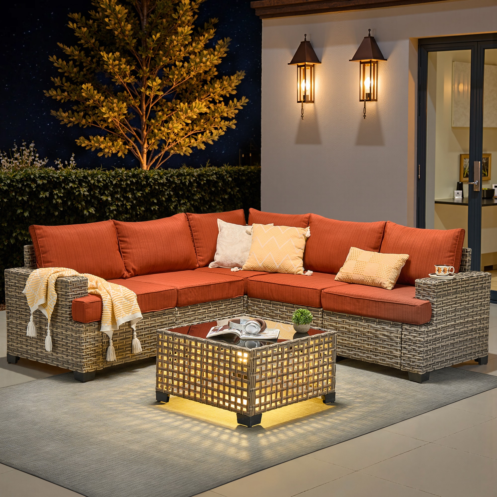Pouuin STBS80C-6 Wicker Outdoor Sectional with Red Cushions and Steel Frame