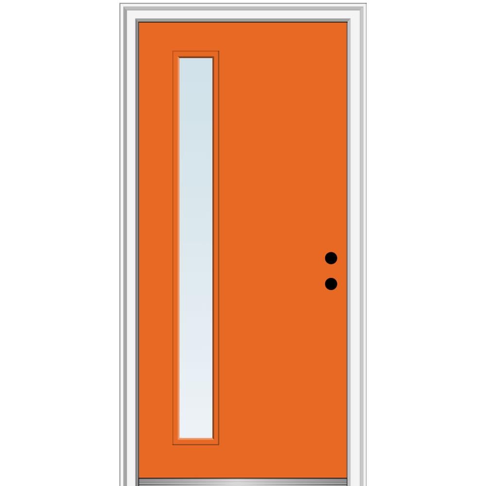 MMI DOOR ZZ348609L Spotlights 32-in x 80-in x 6-9/16-in Fiberglass Pulse lite Left-hand inswing Tangerine Painted Prehung Front Door with Brickmould Insulating core