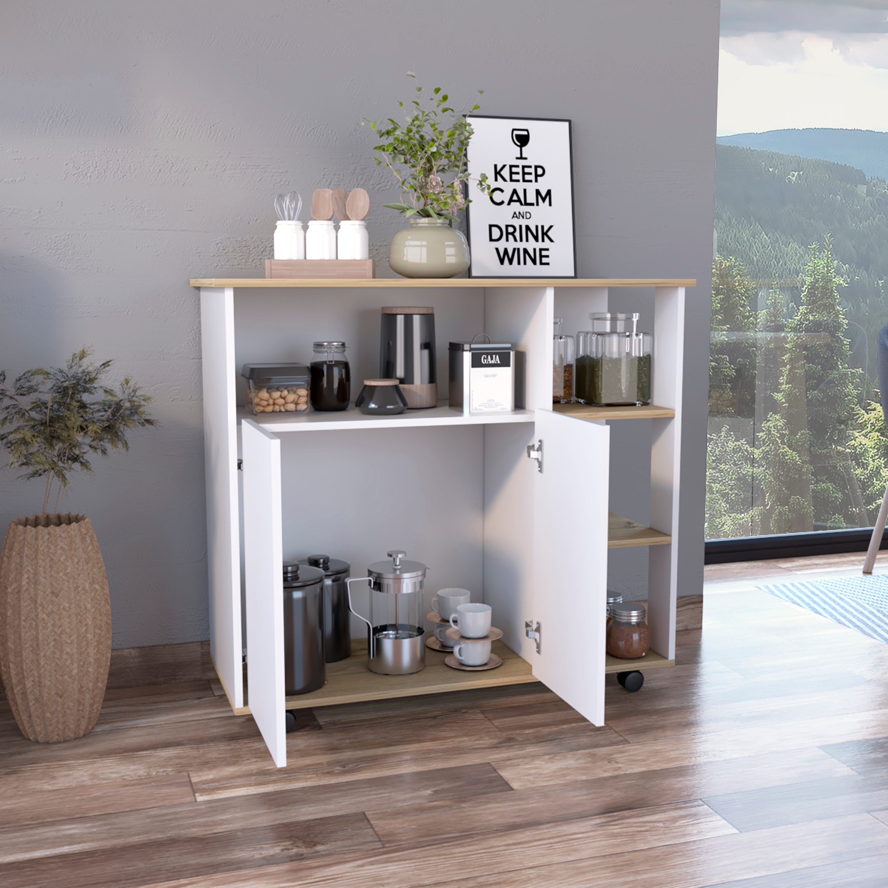 Miki Shinly White Mdf Base with Mdf Top Rolling Kitchen Cart (39.37-in ...