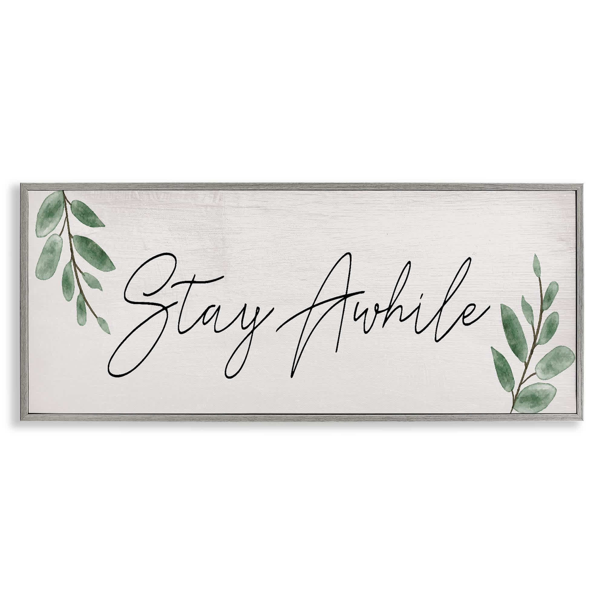 Stupell Industries BT-150-GFF-10X24 Stay Awhile with Plant Sprigs Gray Framed Giclee Art By Lil' Rue 24 x 10