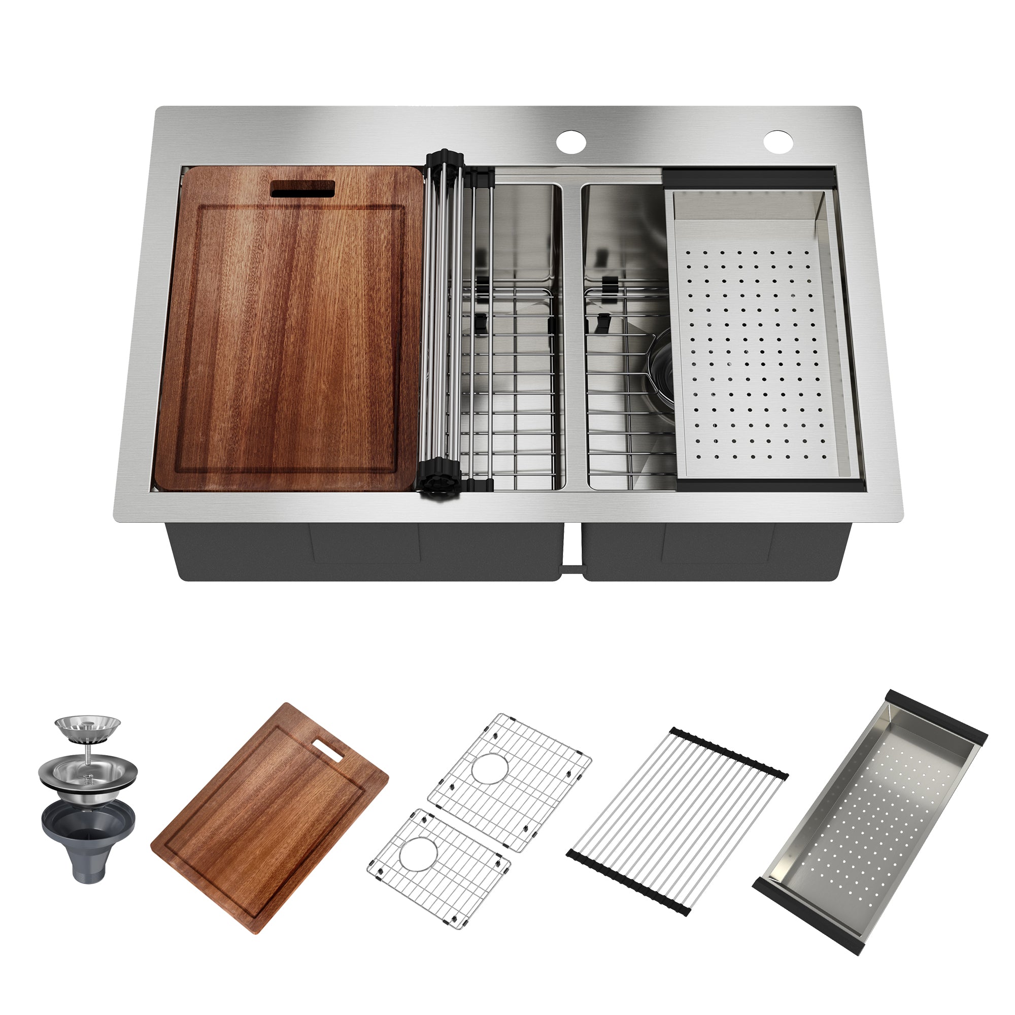 Boyel Living BLKE05039T2W33D 33 in. Drop-in Double Bowl 18-Gauge Stainless Steel Kitchen Sink with Cutting Board and Colander and Rolling Drying Rack