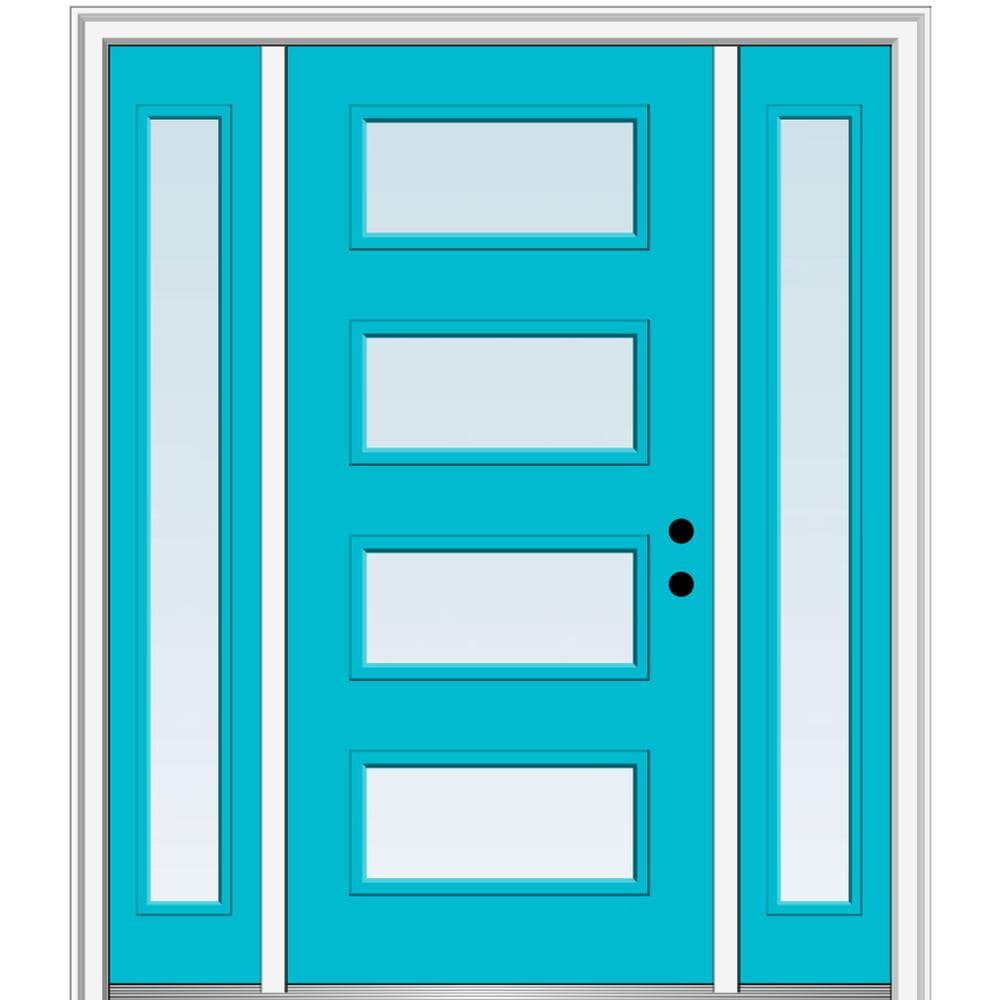 MMI DOOR ZZ345558L Spotlights 60-in x 80-in x 4-9/16-in Fiberglass Pulse lite Left-hand inswing Bahama Blue Painted Prehung Front Door with Sidelights with Brickmould Insulating core