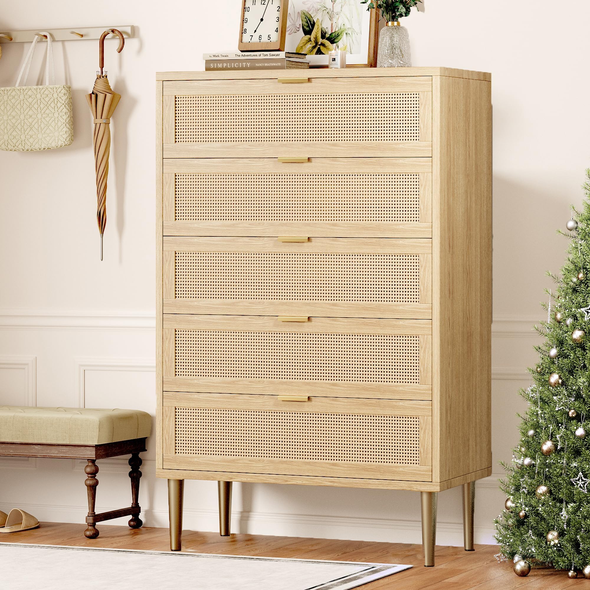 green emerald velvet dress Lif 50 inch Modern 5 Drawer Tall Dresser Chest, Gold Accents, Smooth Black