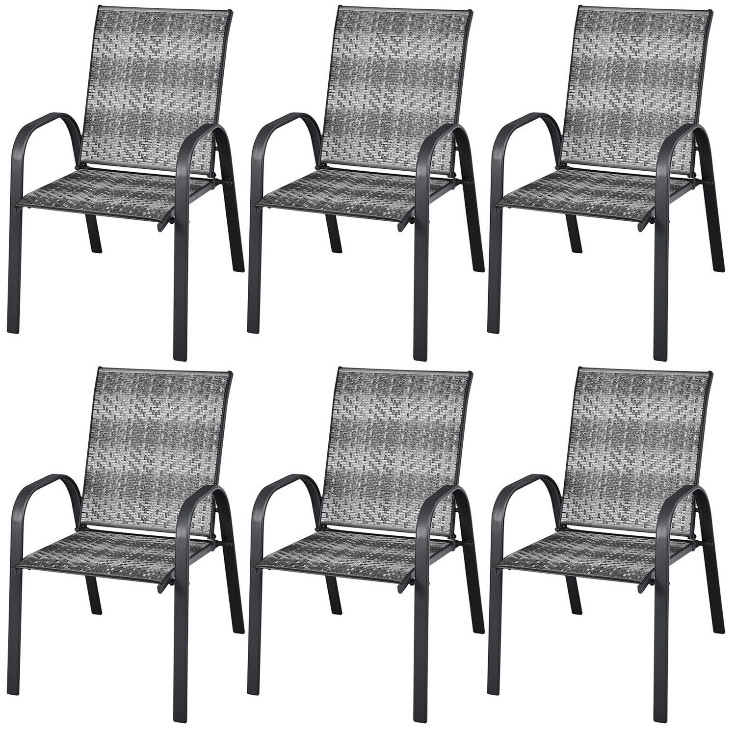 Clihome CL-GR-6-10511 Patio Stackable Dining Chairs Set of 6 Rattan Stackable Gray Metal Frame Stationary Dining Chair with Woven Seat