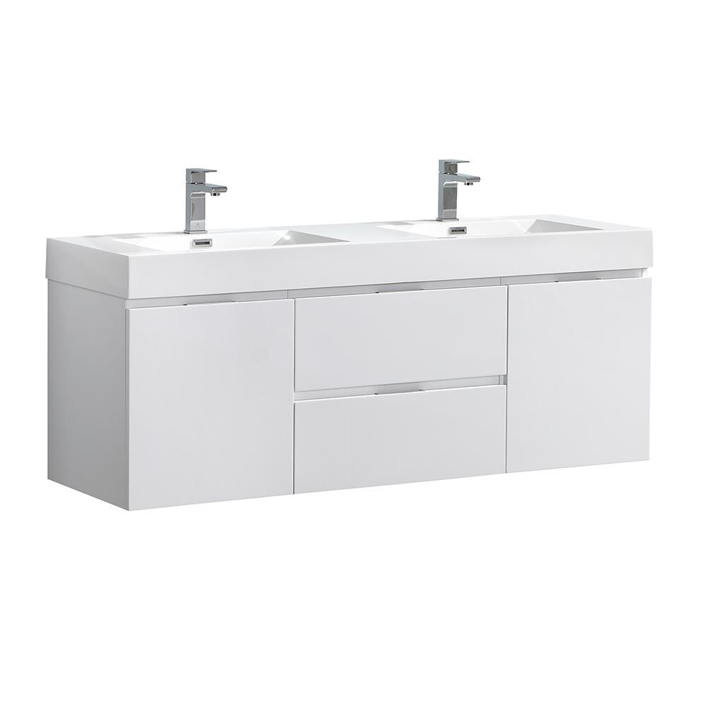 Glossy White 60" Wall-Mounted Double Sink Vanity with Acrylic Top
