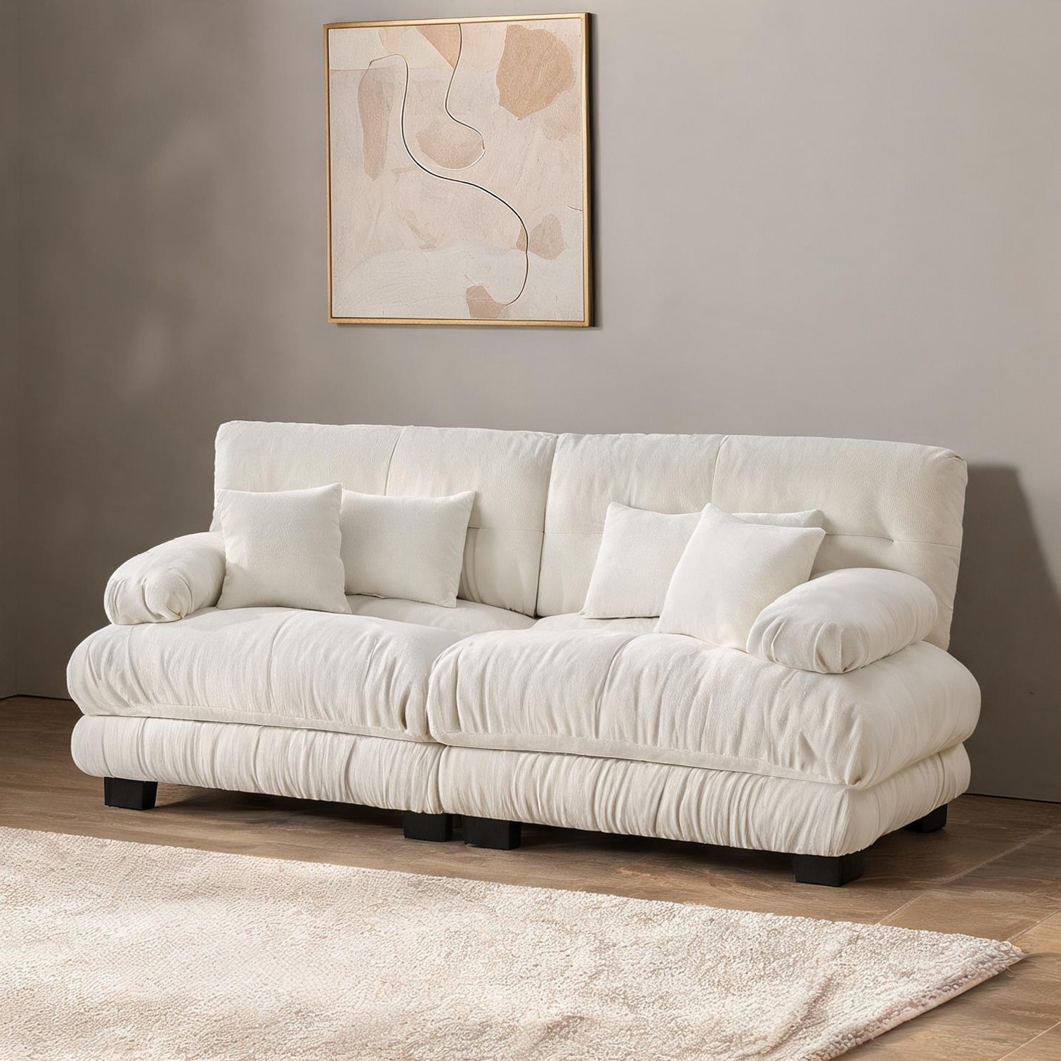 SunJet White Chenille 2-Seater Sofa with Bolster Arms and Throw Pillows ...