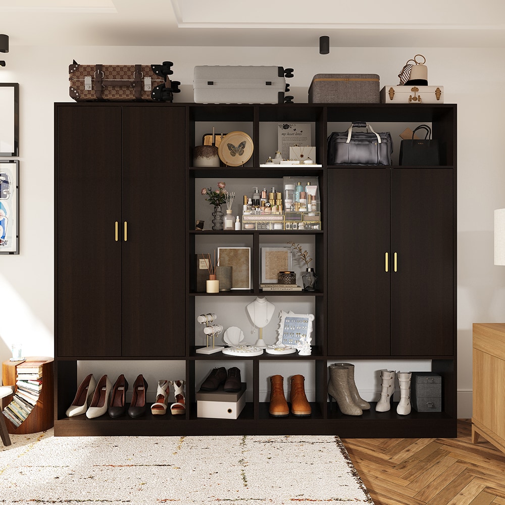 Homsee C-KF330140-01-AB Modern Dark Brown MDF Wardrobe Closet with Hanging Rods Storage Shelves Gold Handles and Multi Door Design