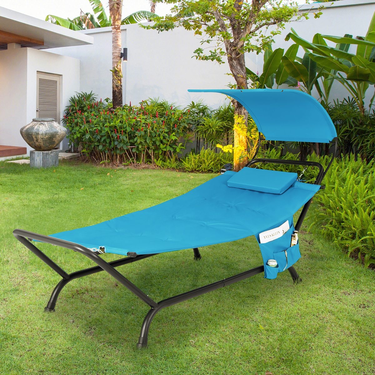 Costway NP10404NY Patio Hanging Chaise Lounge Chair with Canopy Cushion Pillow and  Storage Bag Blue