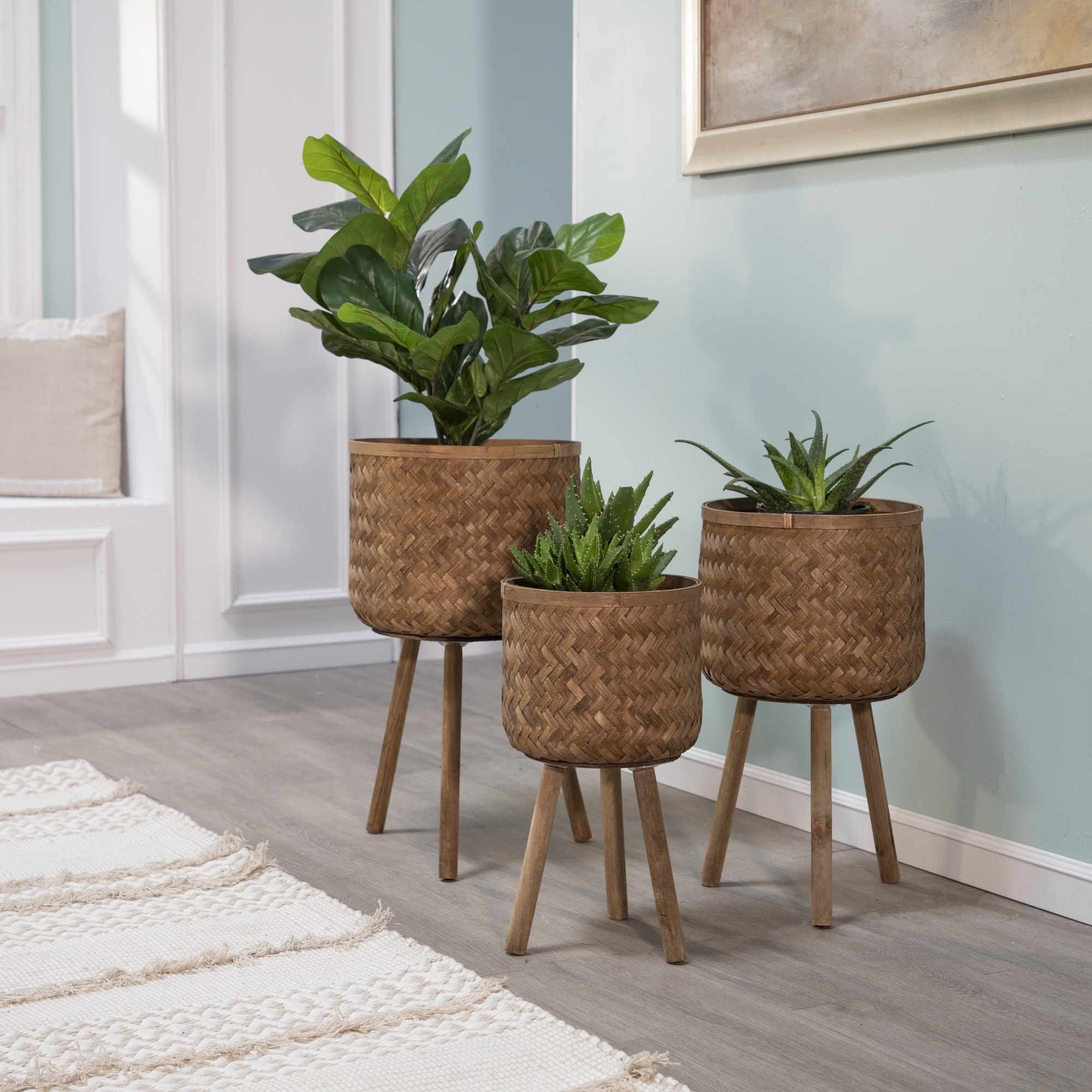 Yiekholo LL-1554AA 3 -Pack Round 15.0-in W x 26-in H x 15-in D Brown Bamboo Indoor/Outdoor with Self Watering Planter