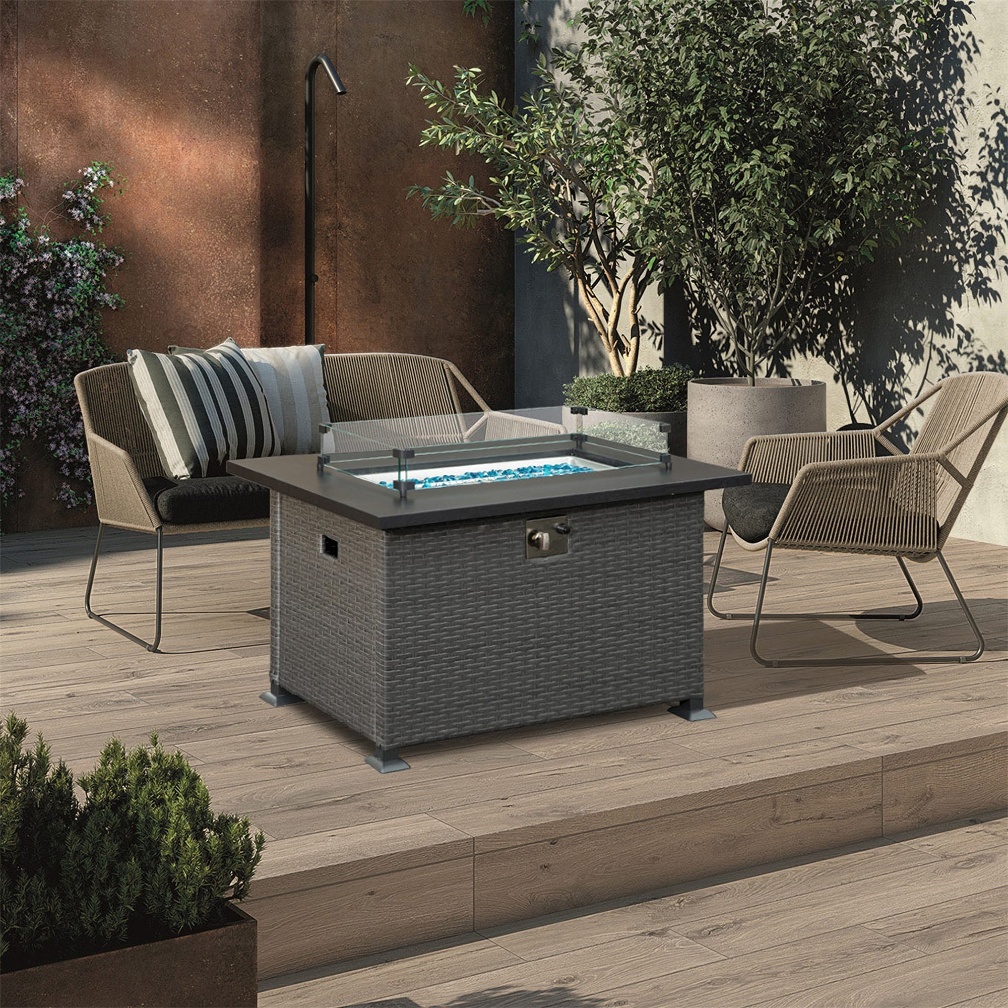 Runesay FIREPIT08 27-in W Dark Gray Wicker Rectangle Liquid propane Fire pit