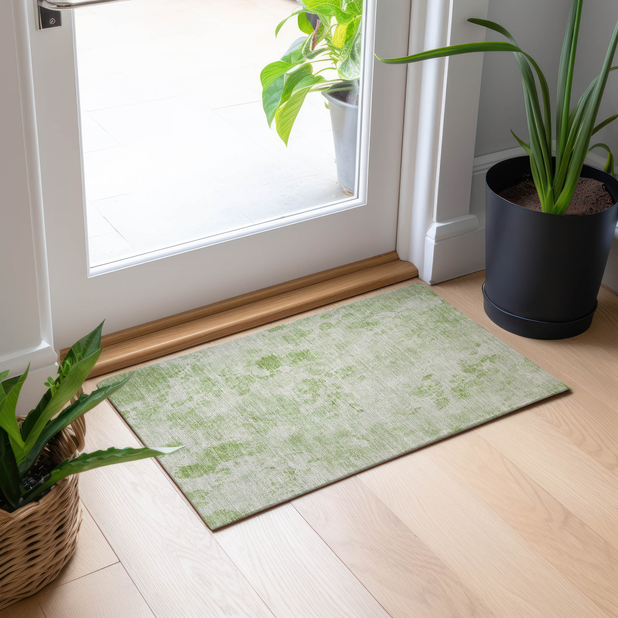 Aloe Green Floral Synthetic Rectangular Washable Rug