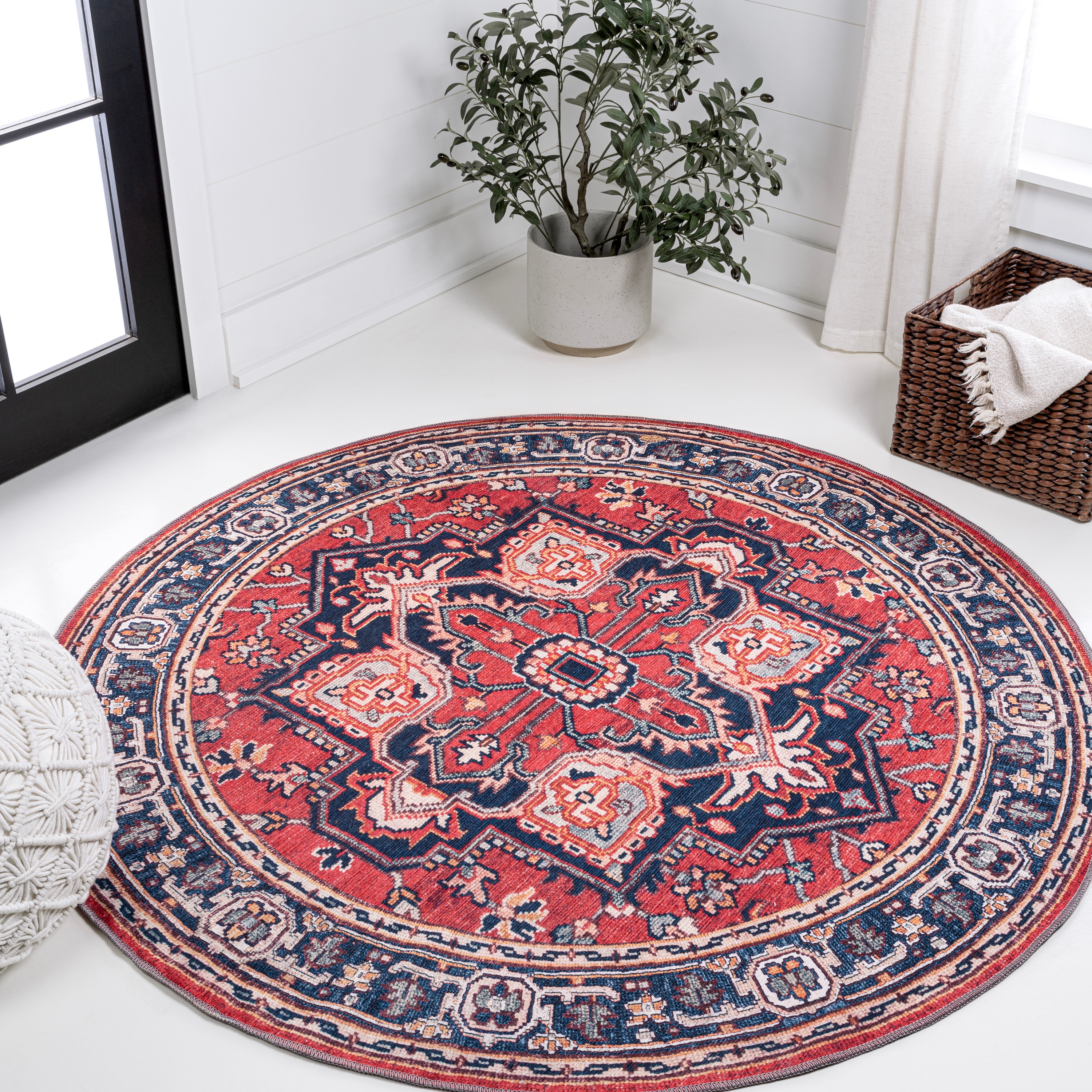 JONATHAN  Y WSH105A-5R WASHABLE Cirali Ornate 5 x 5 (ft) Loomed Polypropylene Red/Navy Round Indoor Medallion Bohemian/Eclectic Machine washable Area rug