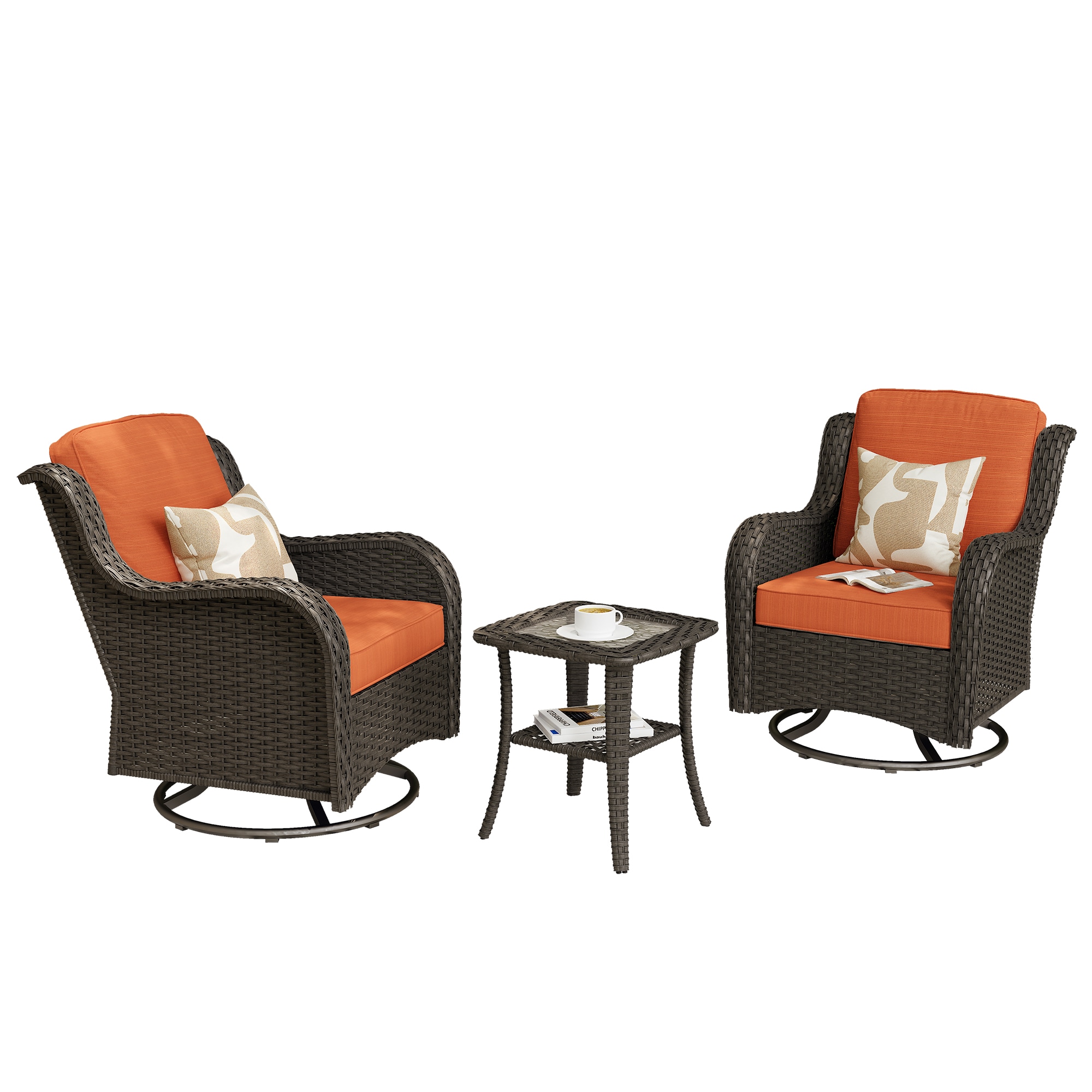 Pouuin SGRS802 Set of 2 Wicker Orange Red Metal Frame Swivel rocker Rocking Chair with Orange Cushioned Seat