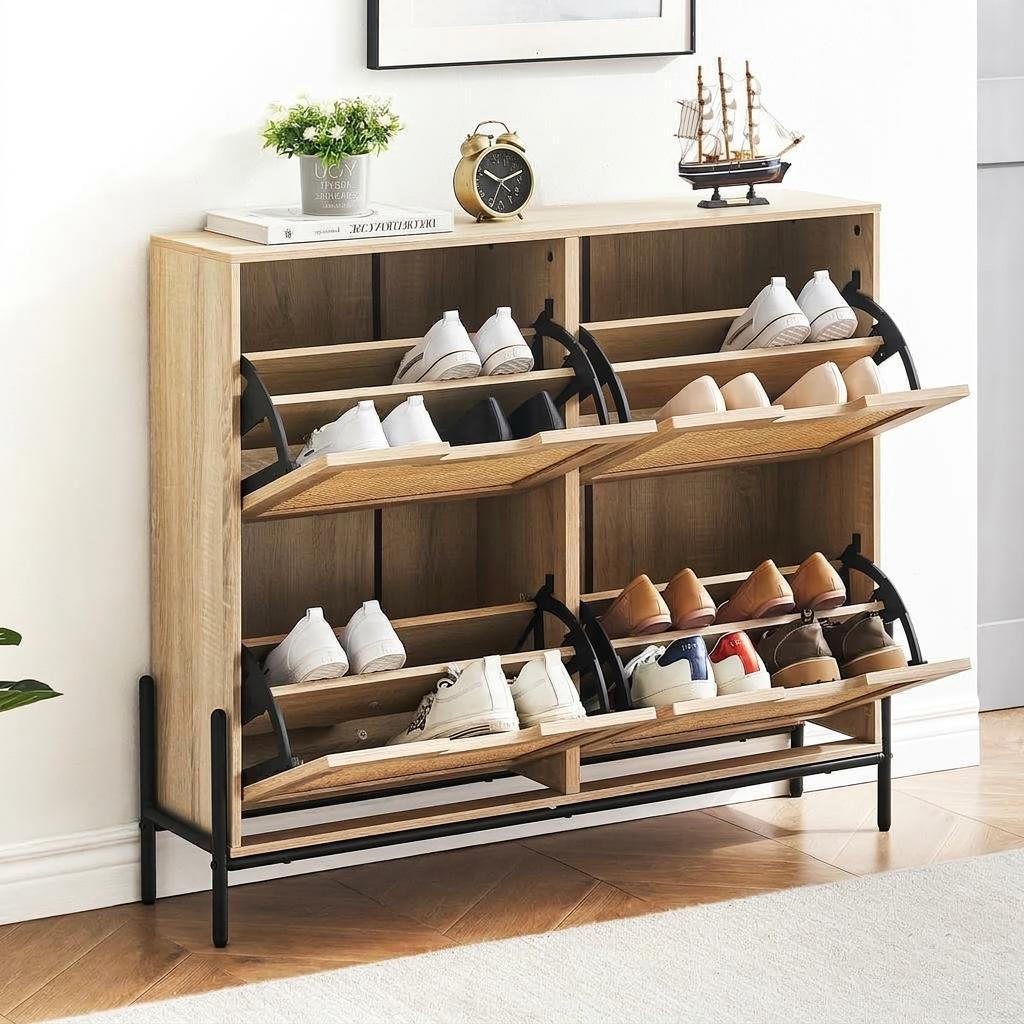 IdealHouse Modern Space Saving Shoe Storage Cabinet 4 Turn Drawers 3 Tier Adjustable Shelves Rattan Accents Metal Legs Hidden Slim Entryway Organizer