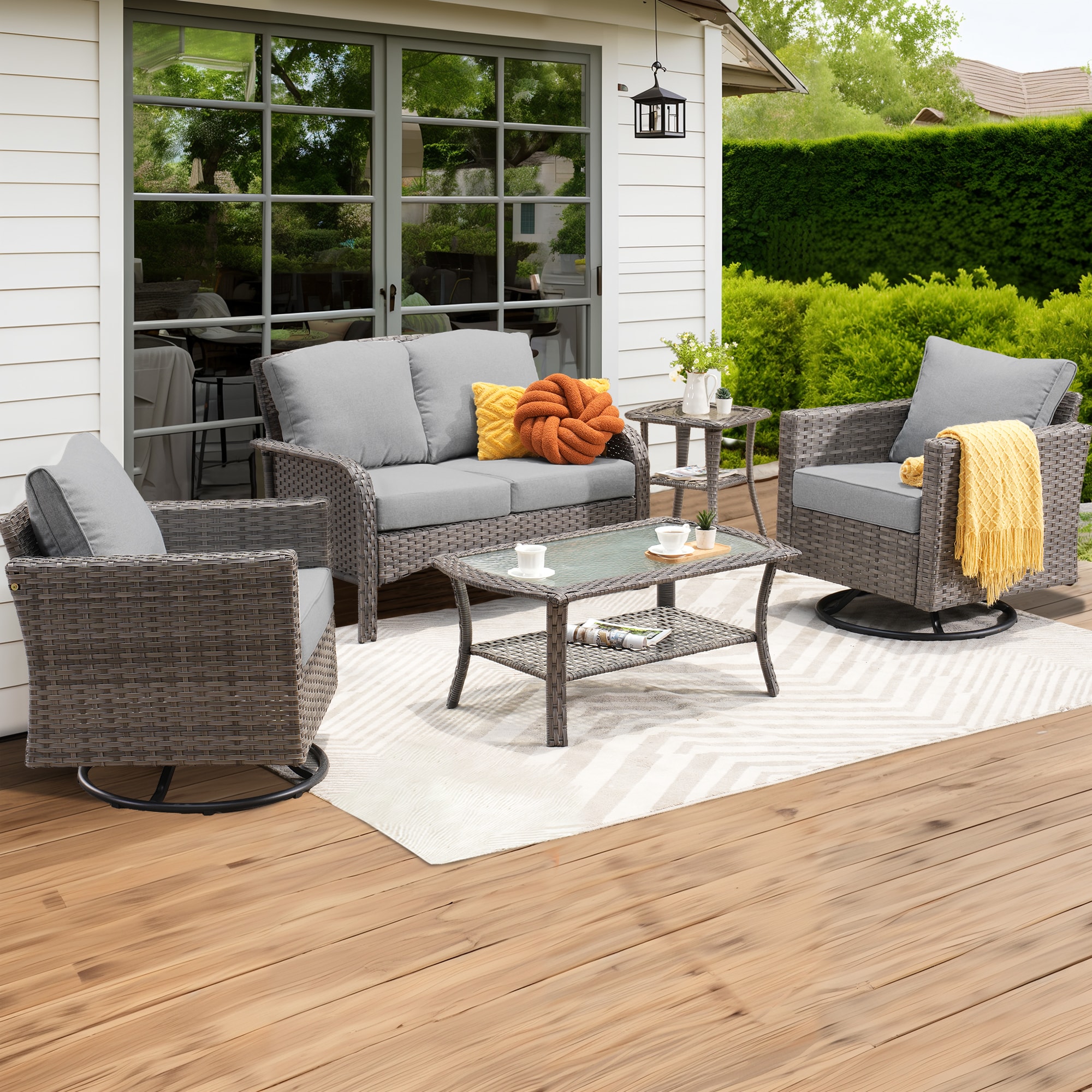 weaxty HMBYZGRS-GNDS205 Initial 5 -Piece Wicker Patio Conversation Set with Gray Cushions