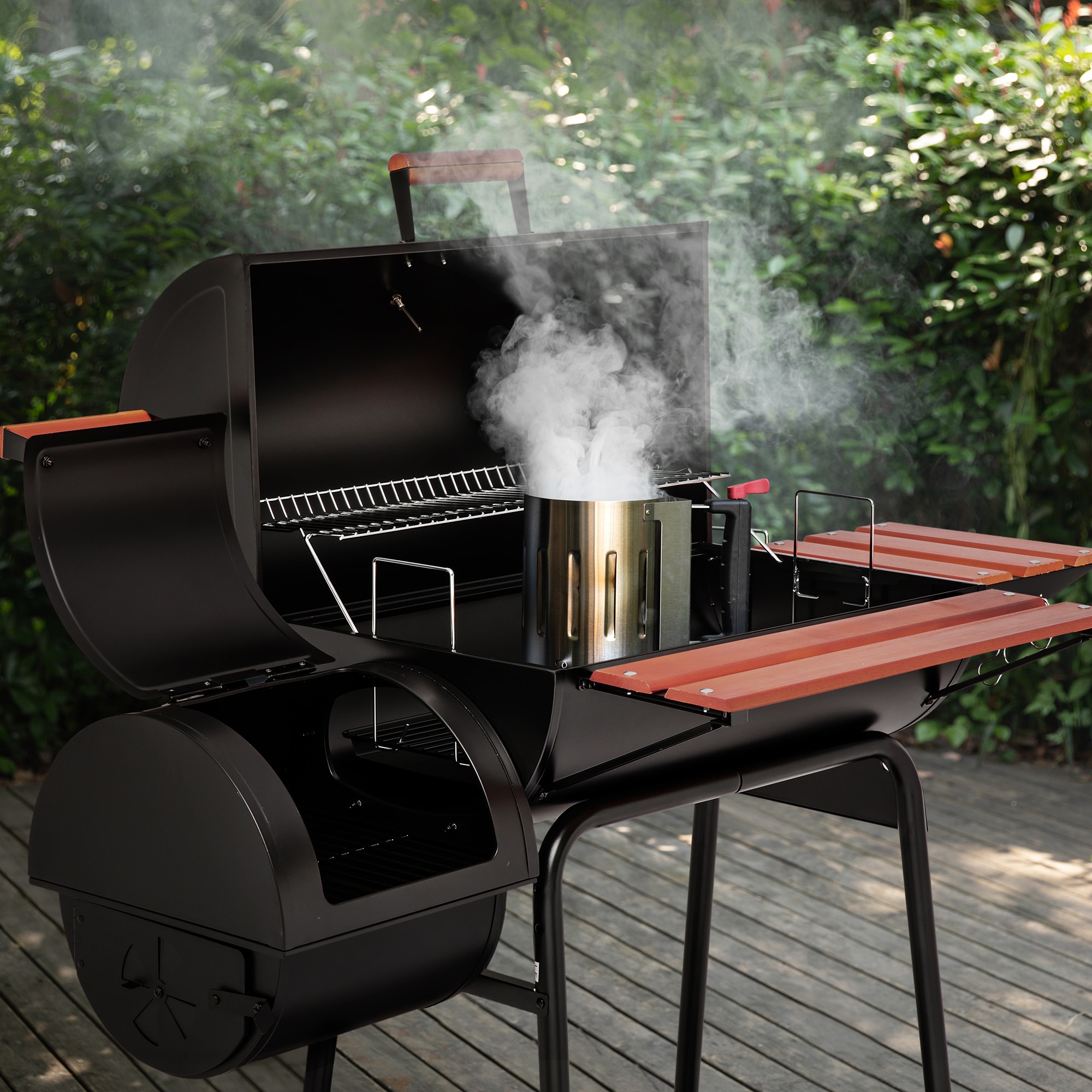 30 in. Smoker Black Barrel Charcoal Grill with Offset Smoker with Cover For  Outdoor, Backyard Cooking