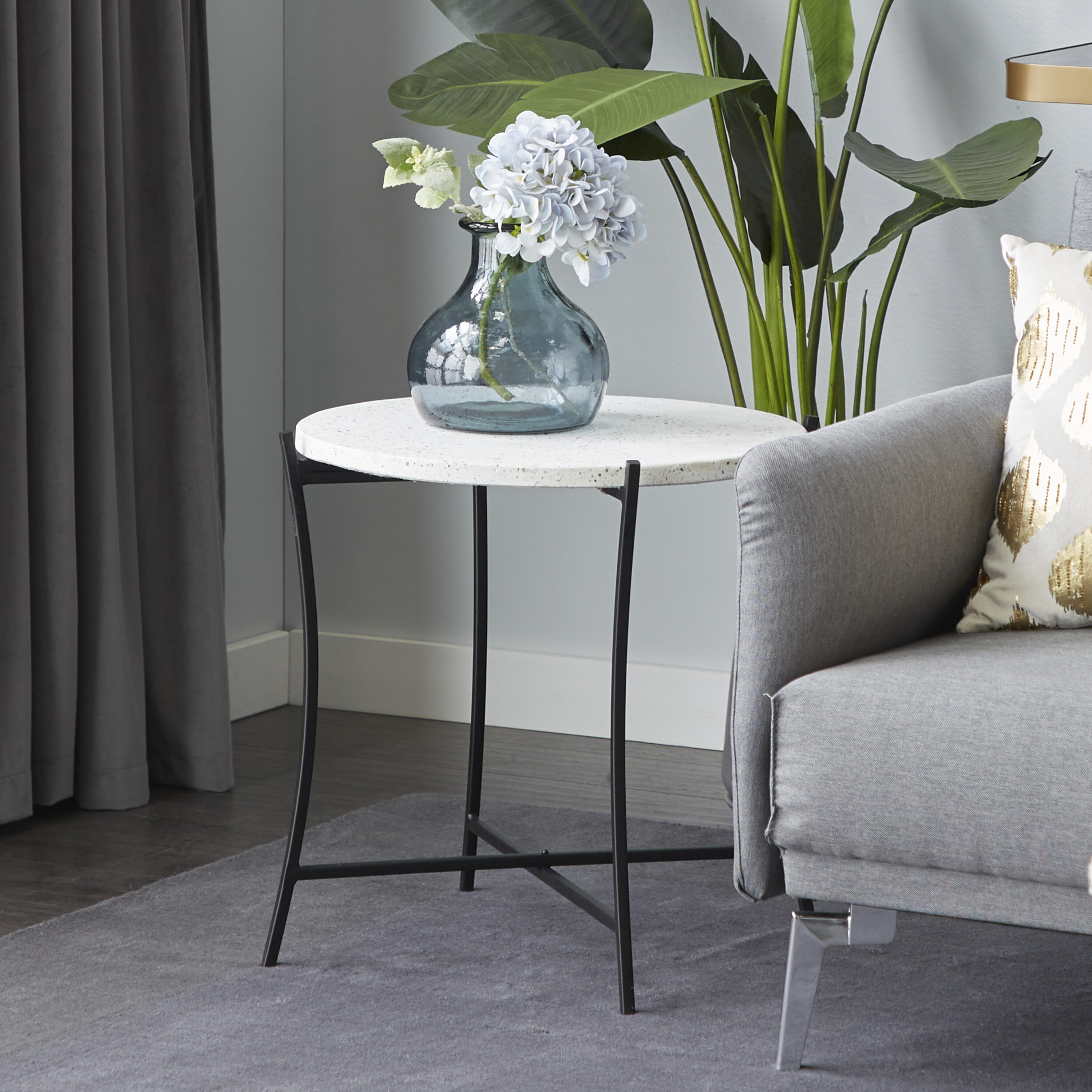 Grayson Lane 80855 20-in W x 20.2-in H Black with Marble Top Concrete Round Modern End Table Fully Assembled