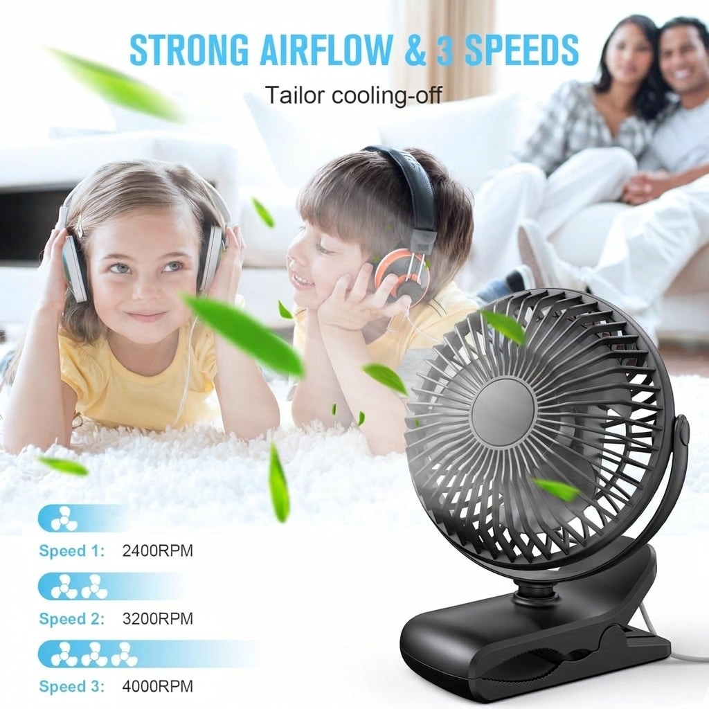 ITOPFOX Small Clip On Fan 3 Speed USB Powered Desk and Clamp Fan 6