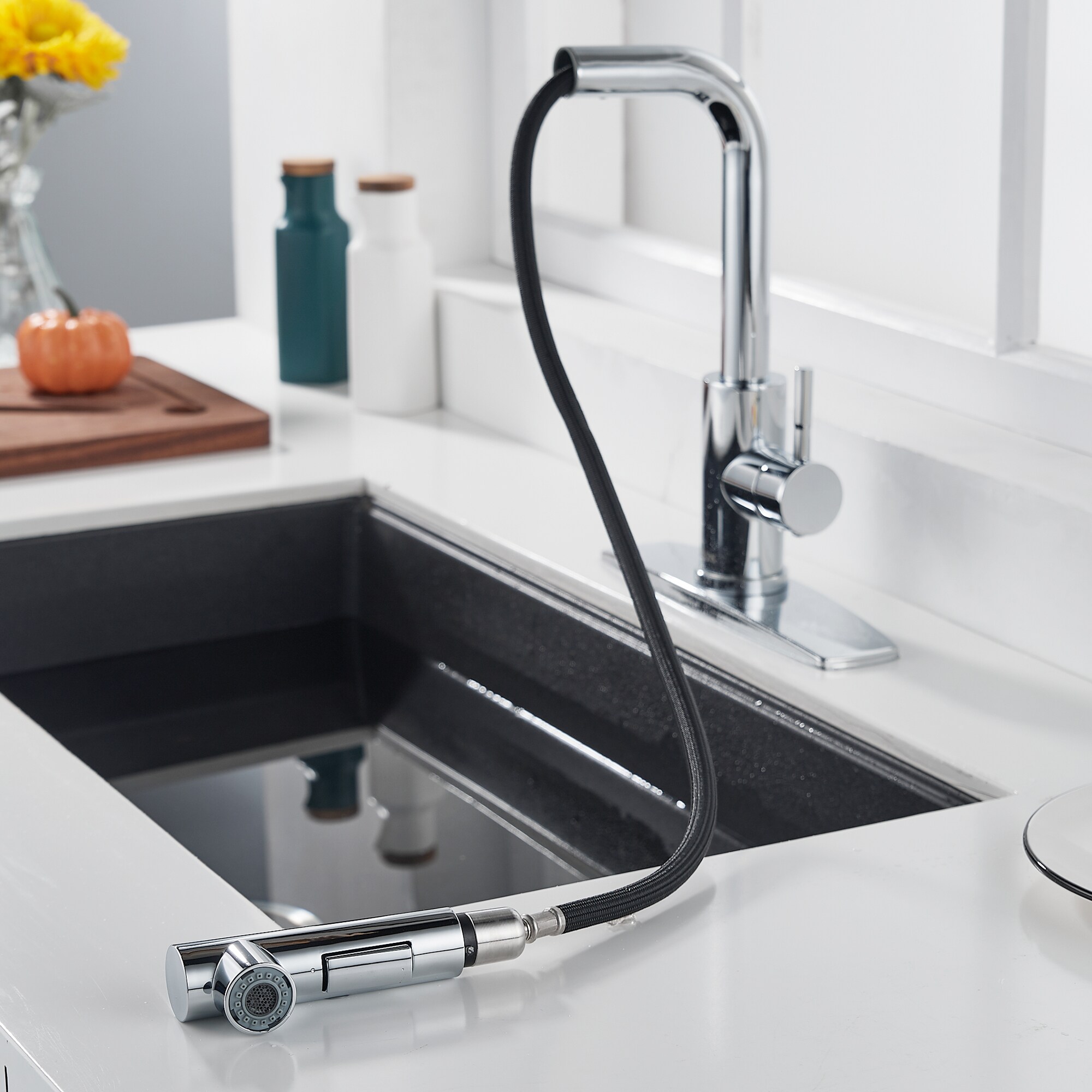 Forious Chrome Single Handle Pull Down Kitchen Faucet With Deck Plate In The Kitchen Faucets 