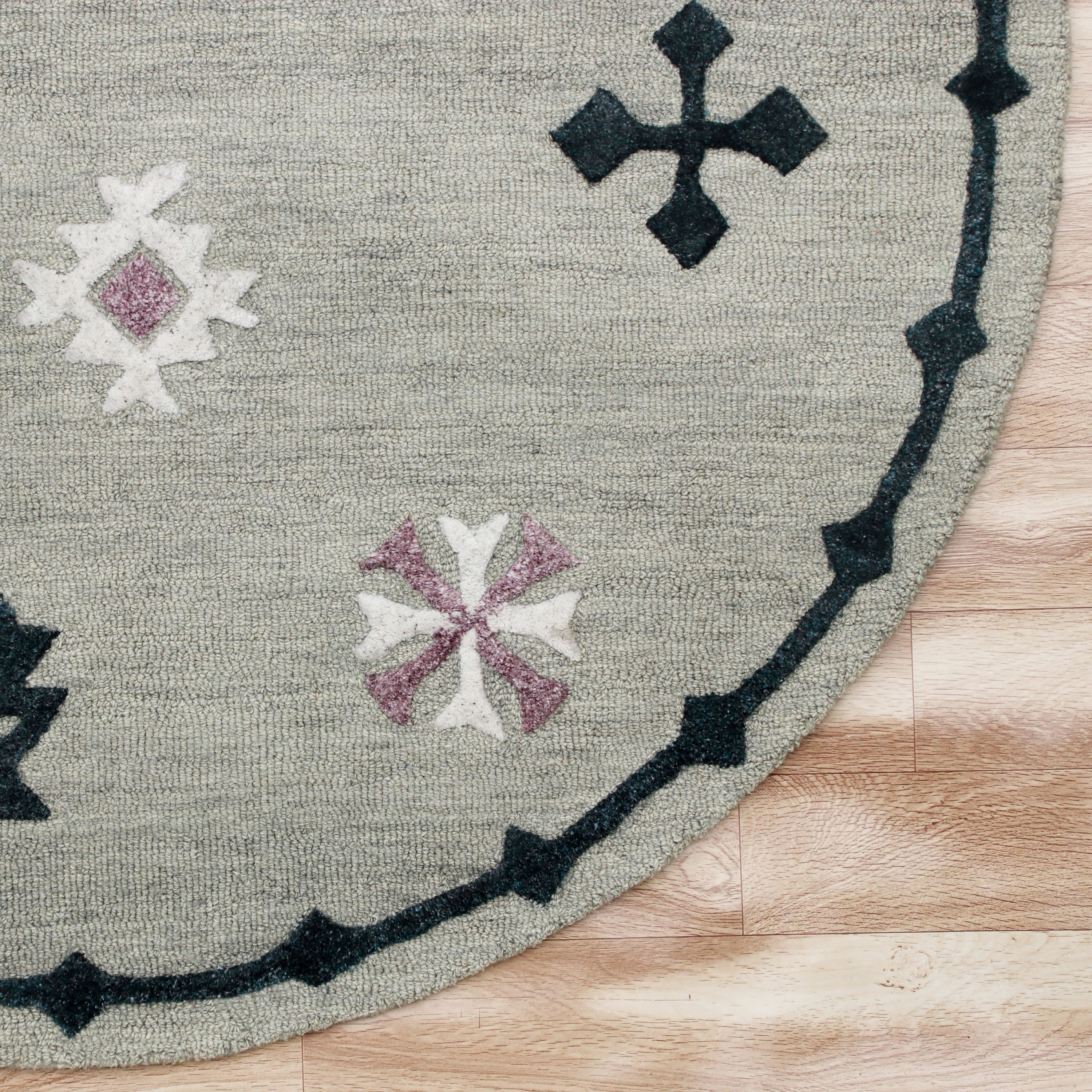 Handmade Geometric Bordered Gray Wool & Viscose 7' Round Rug