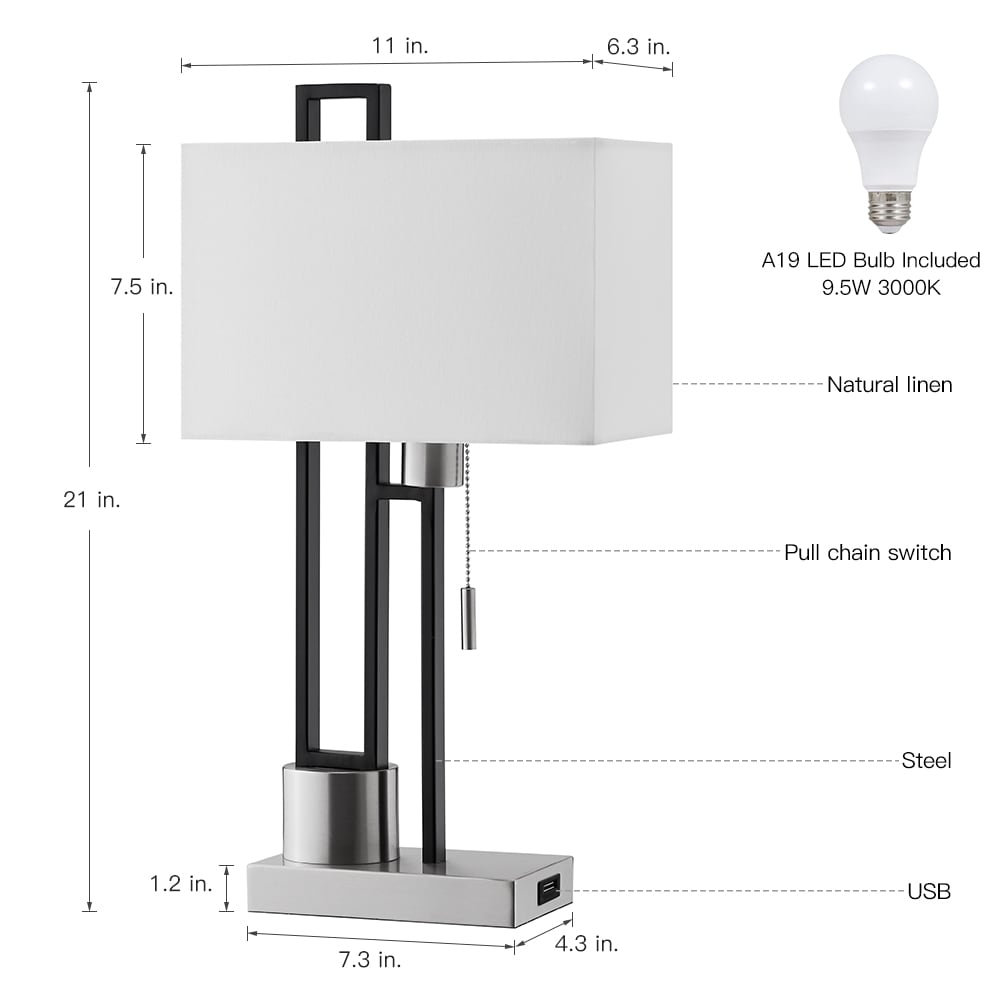 Matte Black and Brushed Nickel Table Lamp with USB Port and White Linen Shade