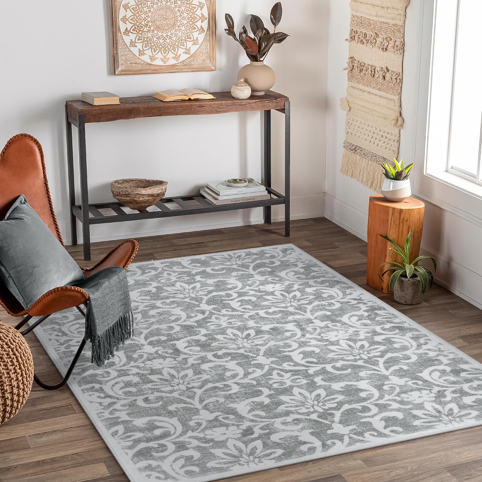 Lahome RR-DYR-012-LGR3 3 x 5 (ft) Light Gray Palace Floral Short Pile Velvet Rectangular Indoor Area Rug