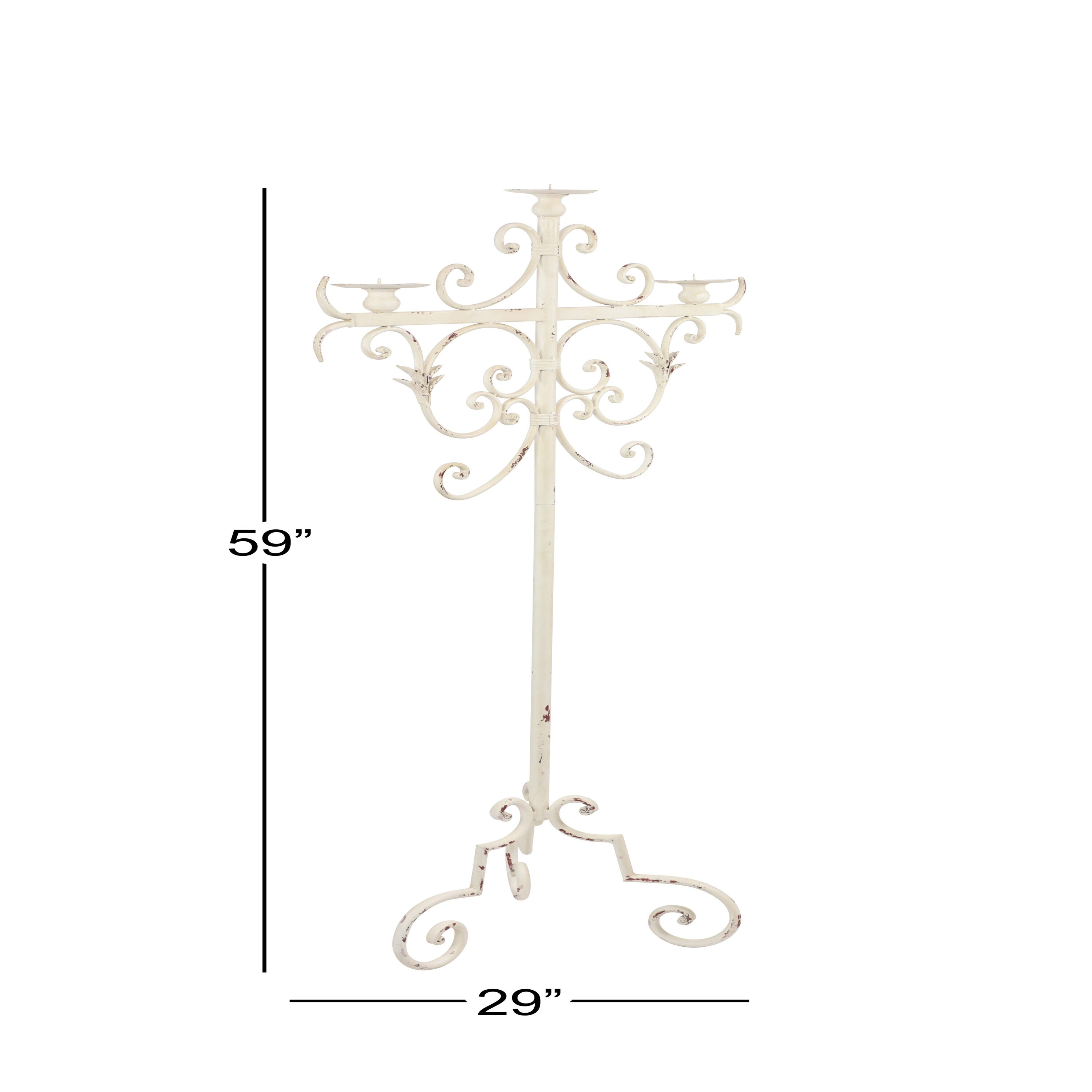 Tall Distressed White Metal Floor Candelabra with Scrolled Base